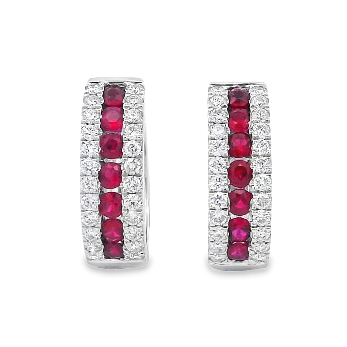 18K White Gold Ruby and Diamond Line Huggies