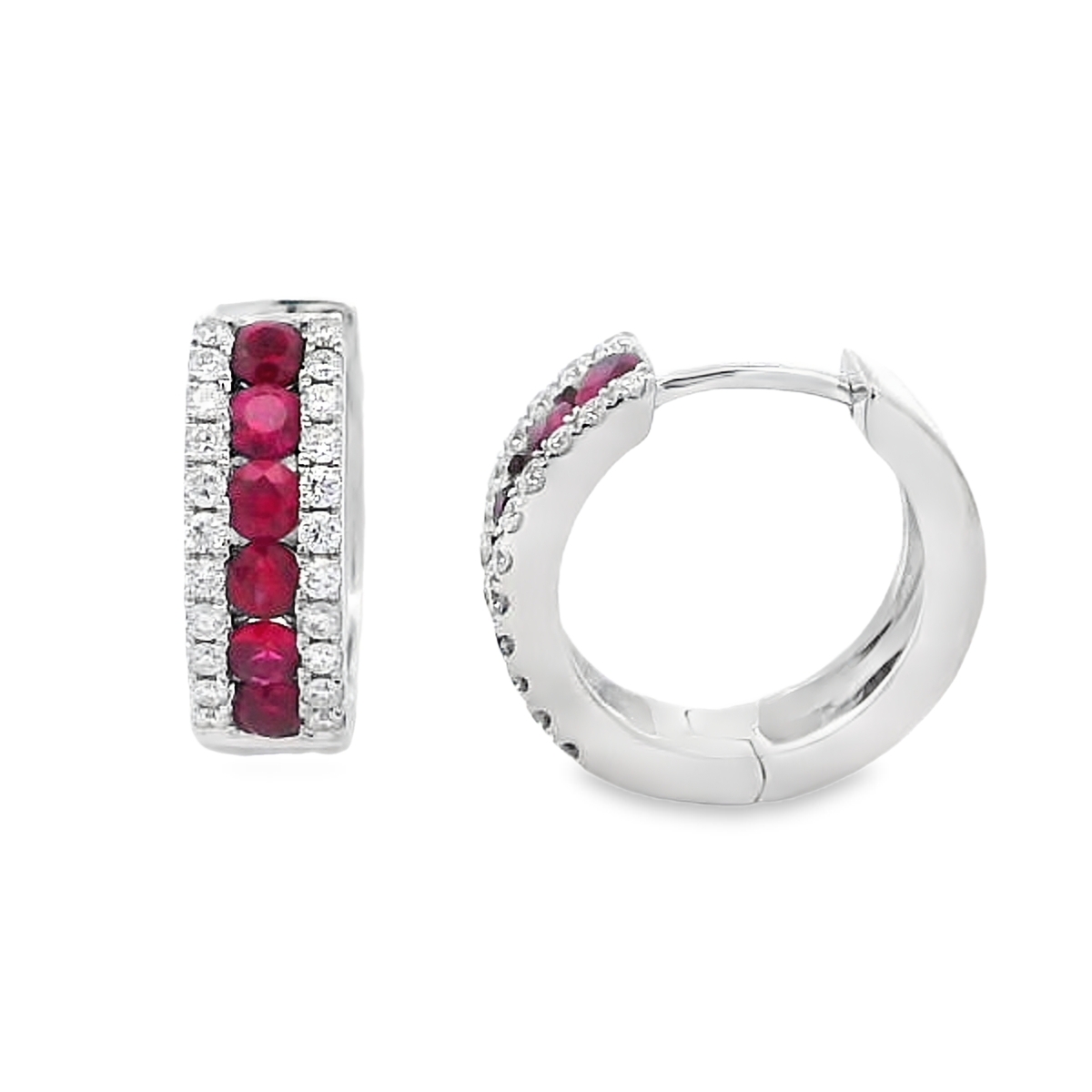 18K White Gold Ruby & Diamond Line Mini Huggies
