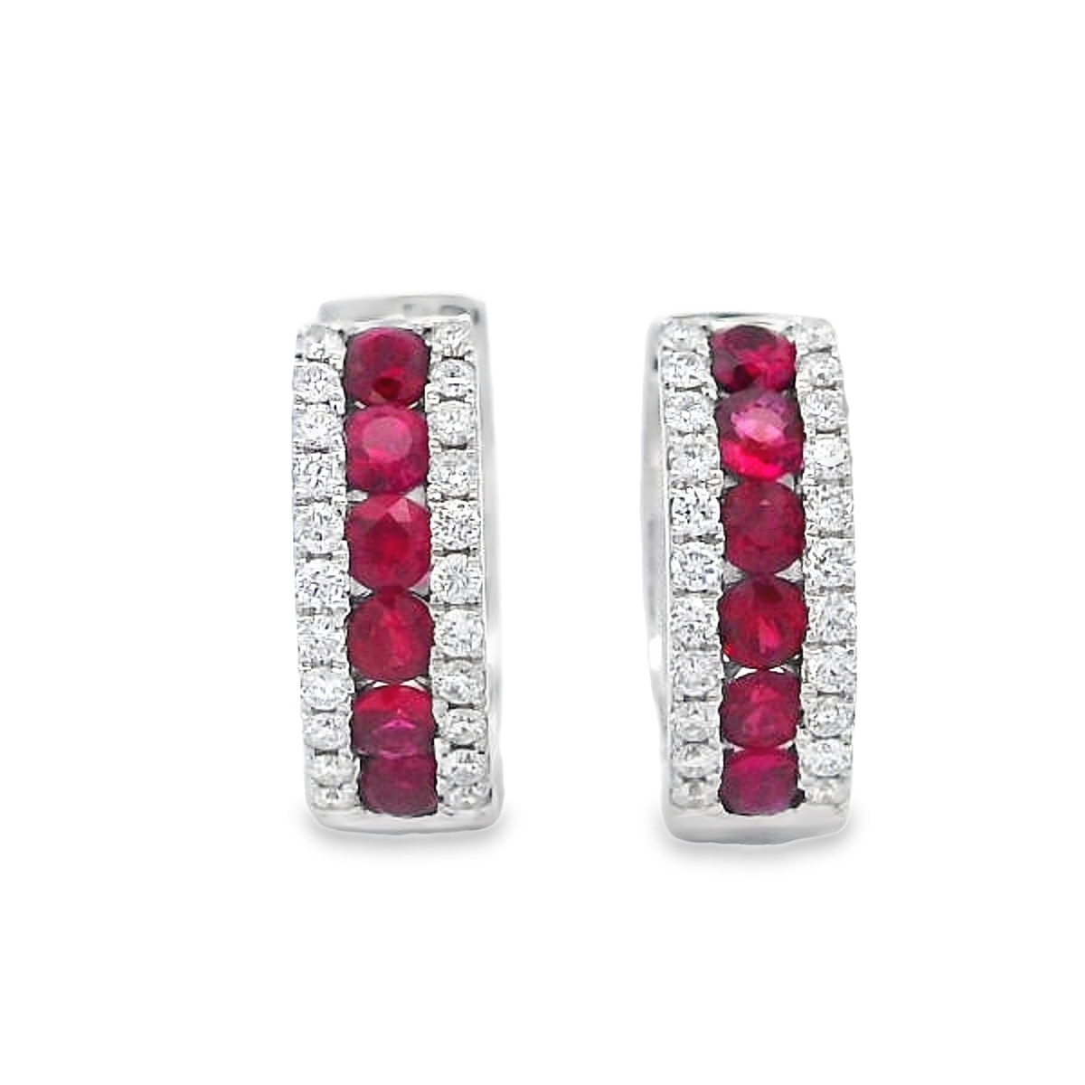 18K White Gold Ruby & Diamond Line Mini Huggies