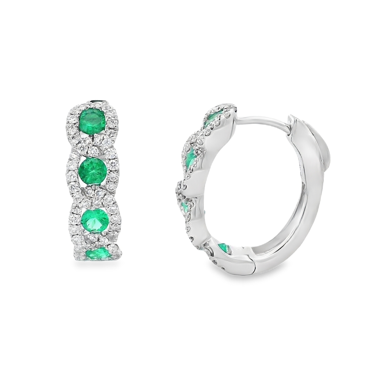 18K White Gold Emerald & Diamond Twist Halo Hoops