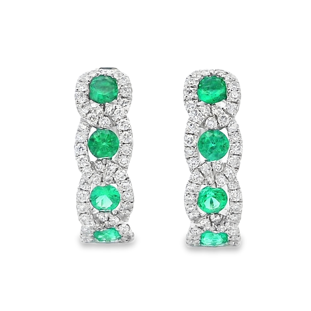 18K White Gold Emerald & Diamond Twist Halo Hoops