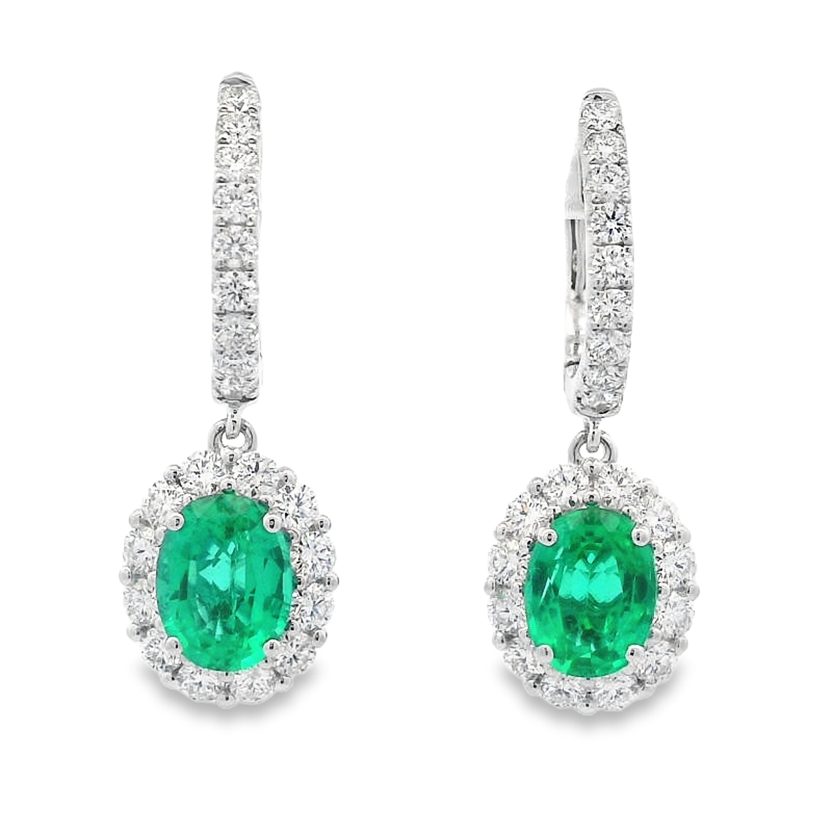 18K White Gold Emerald & Diamond Dangling Halo Leverback Earrings