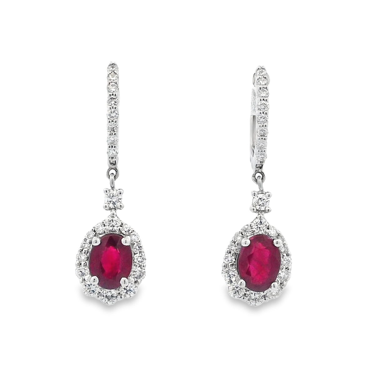 18K White Gold Ruby & Diamond Leverback Drop Halo Earrings