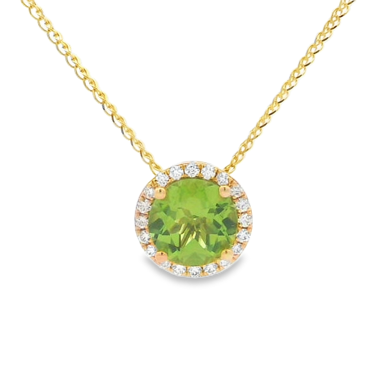 14K Yellow Gold Round Peridot & Diamond Halo Pendant