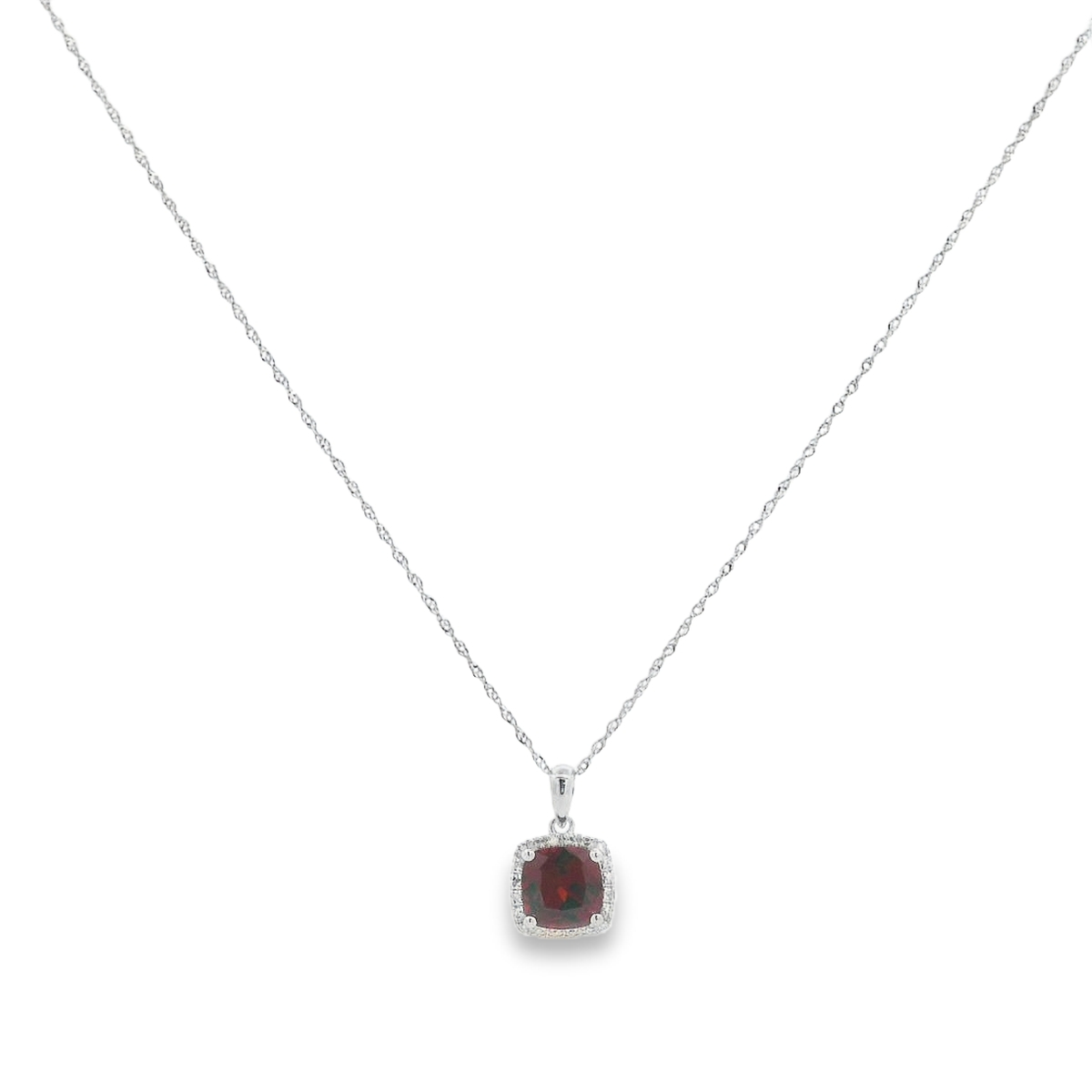 14K White Gold Cushion Garnet & Diamond Halo Pendant