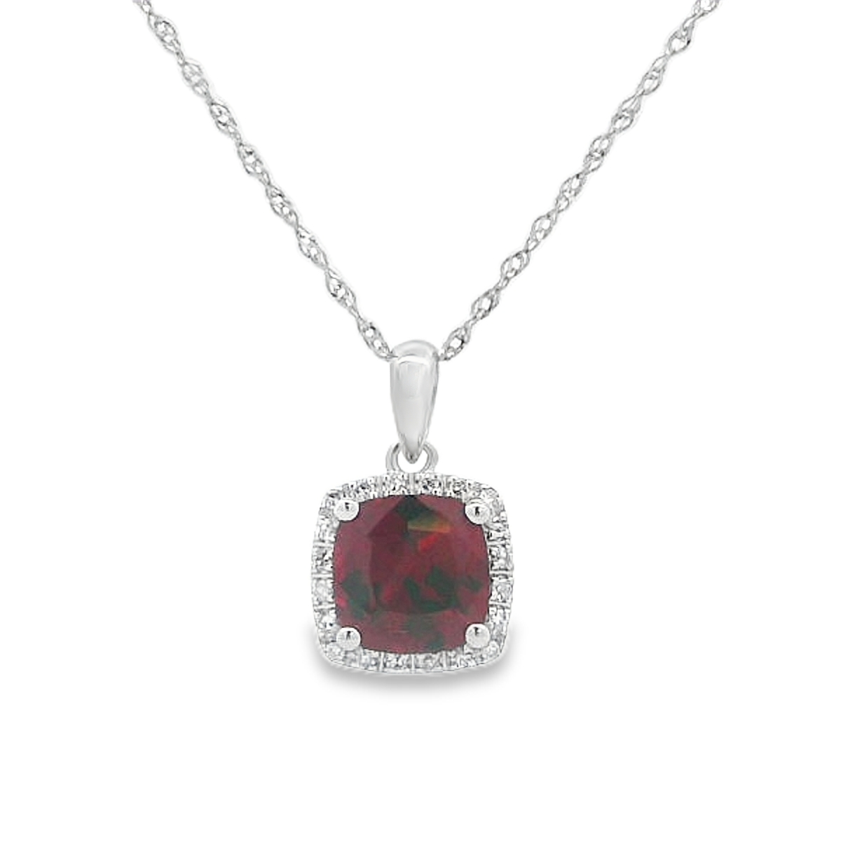 14K White Gold Cushion Garnet & Diamond Halo Pendant