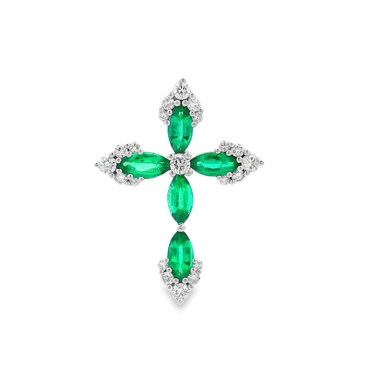 18K White Gold Emerald and Diamond Cross