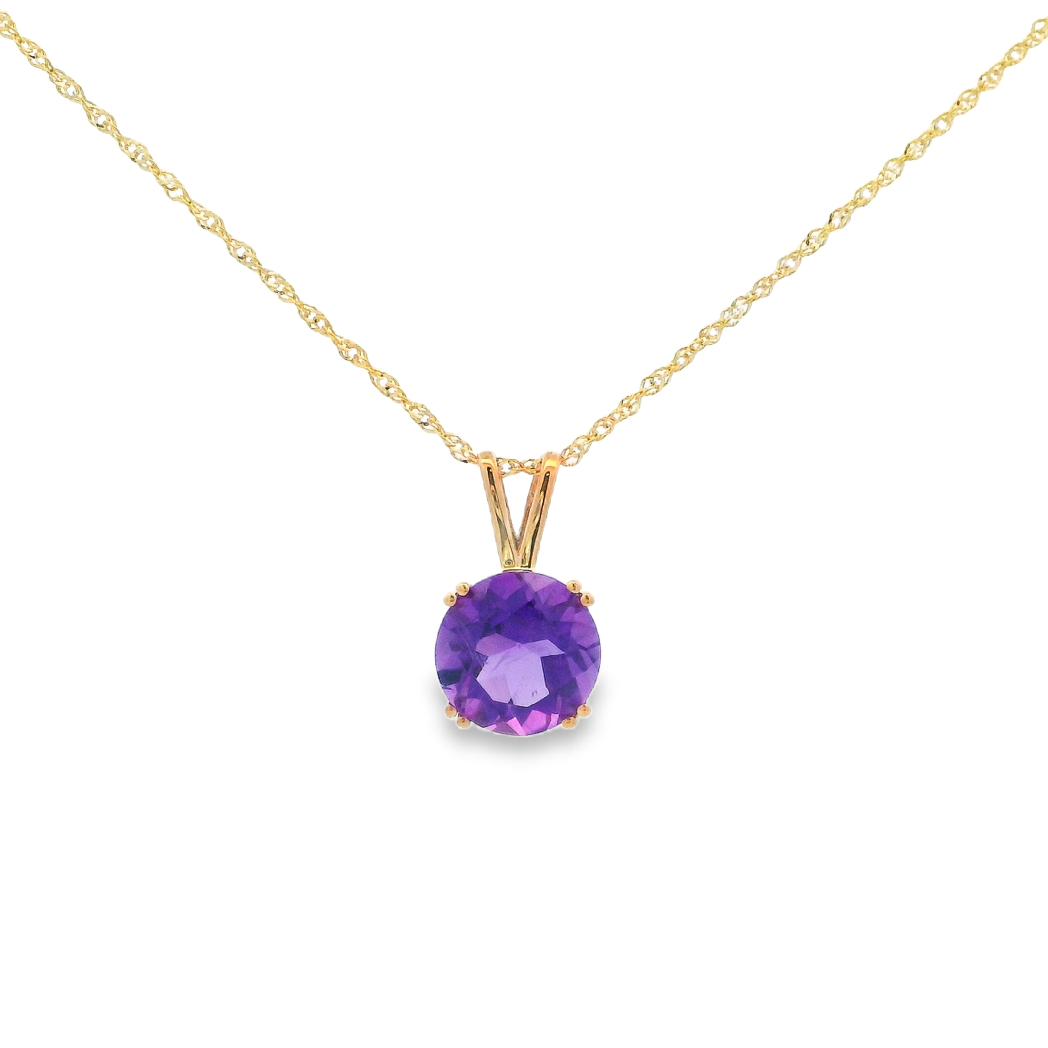 14K Yellow Gold Round Amethyst Solitaire Pendant