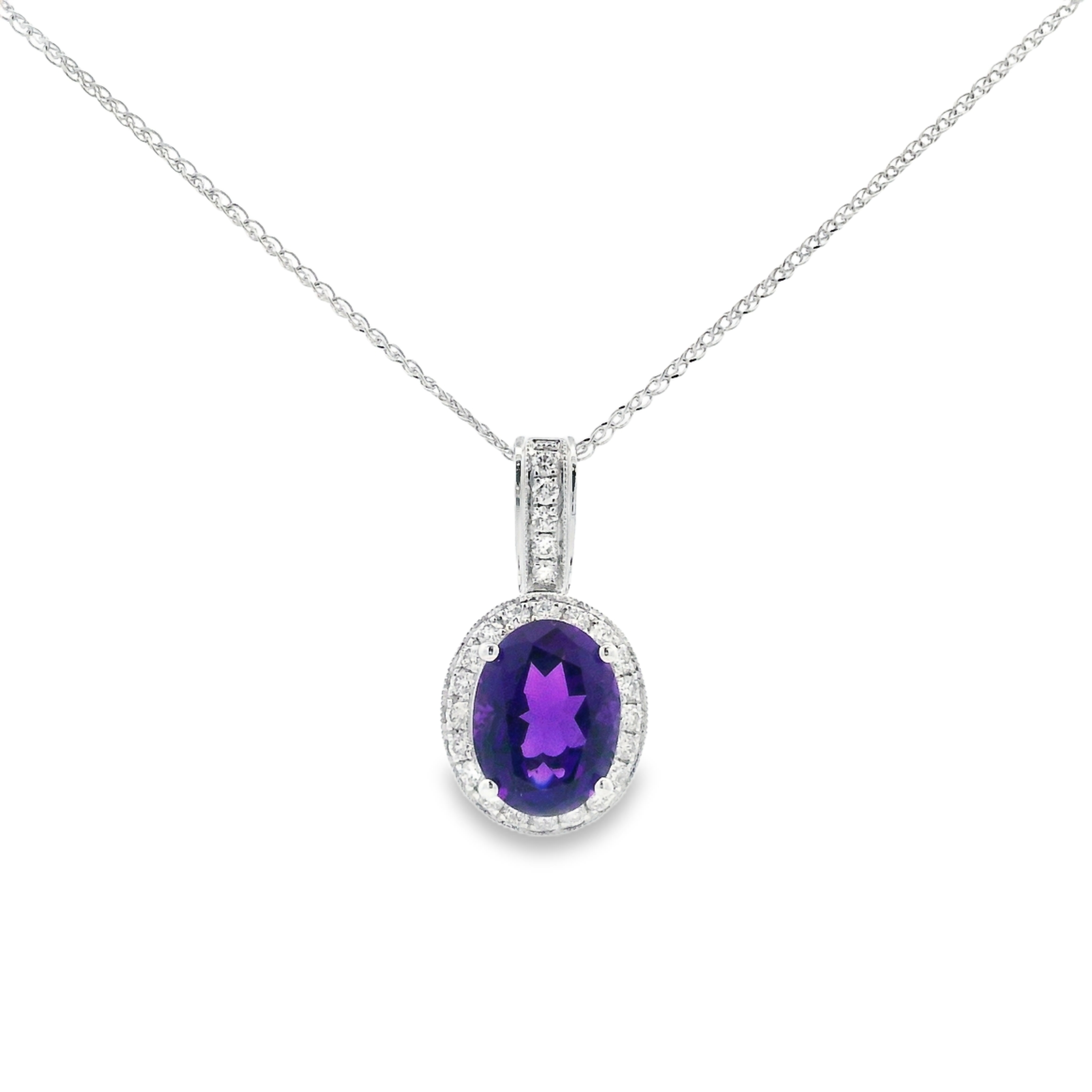 14K White Gold Oval Amethyst & Diamond Halo Pendant