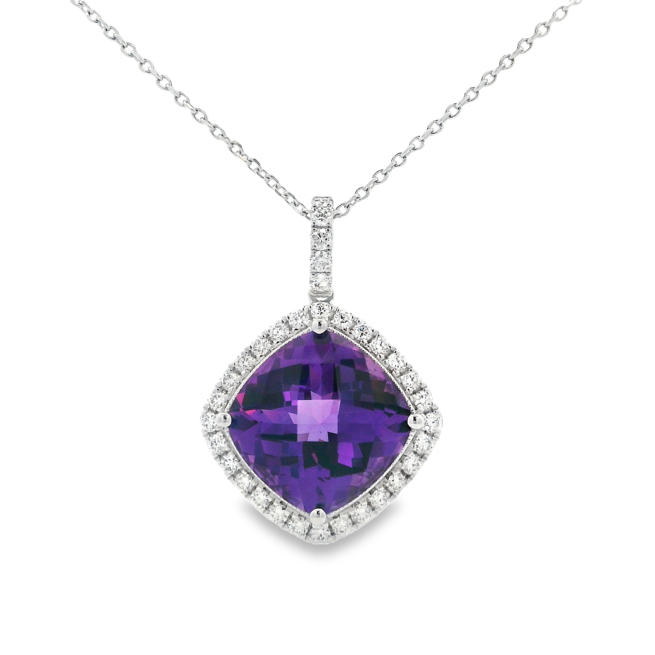 14K White Gold Square Amethyst & Diamond Large Pendant