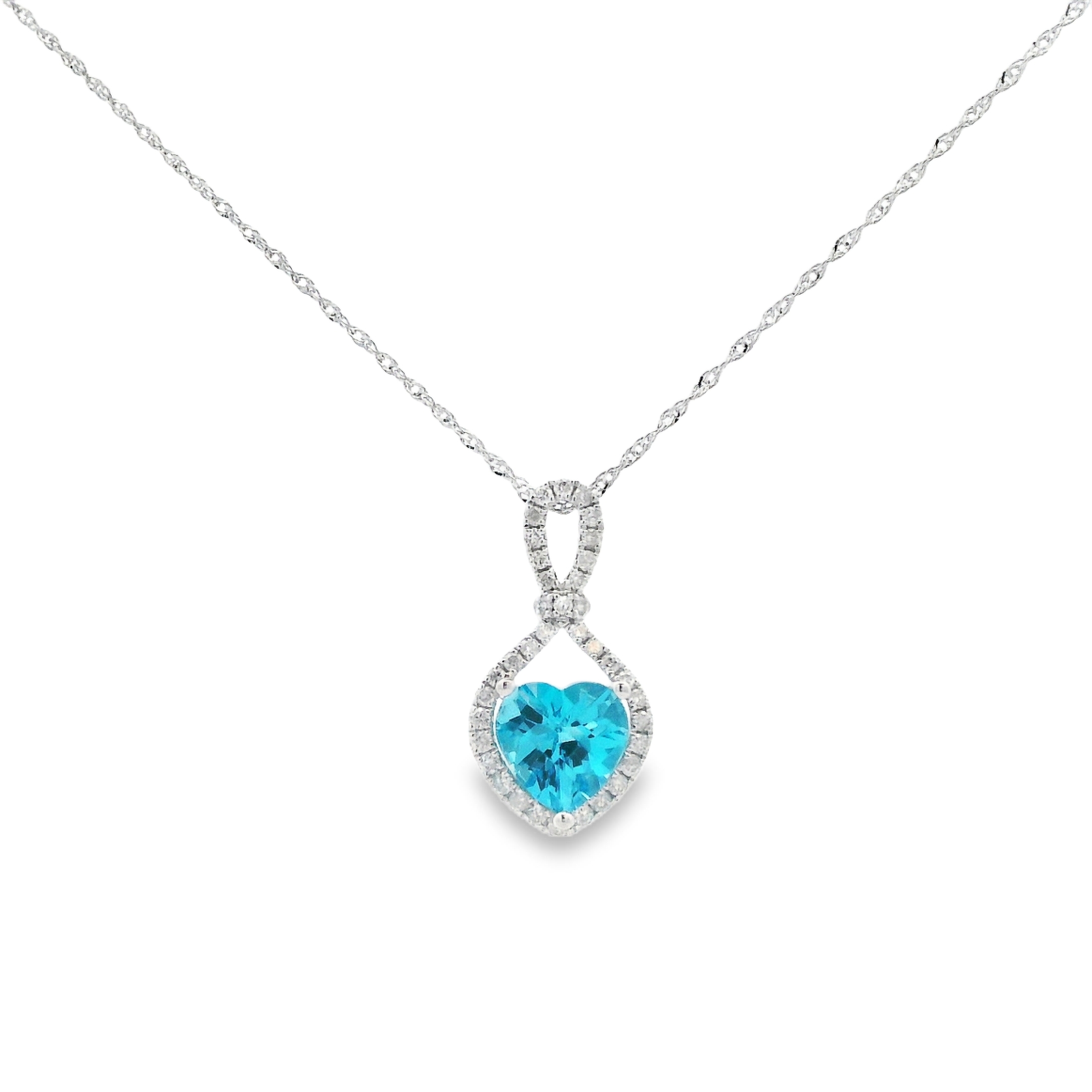 14K White Gold Heart Blue Topaz Diamond Loop Pendant