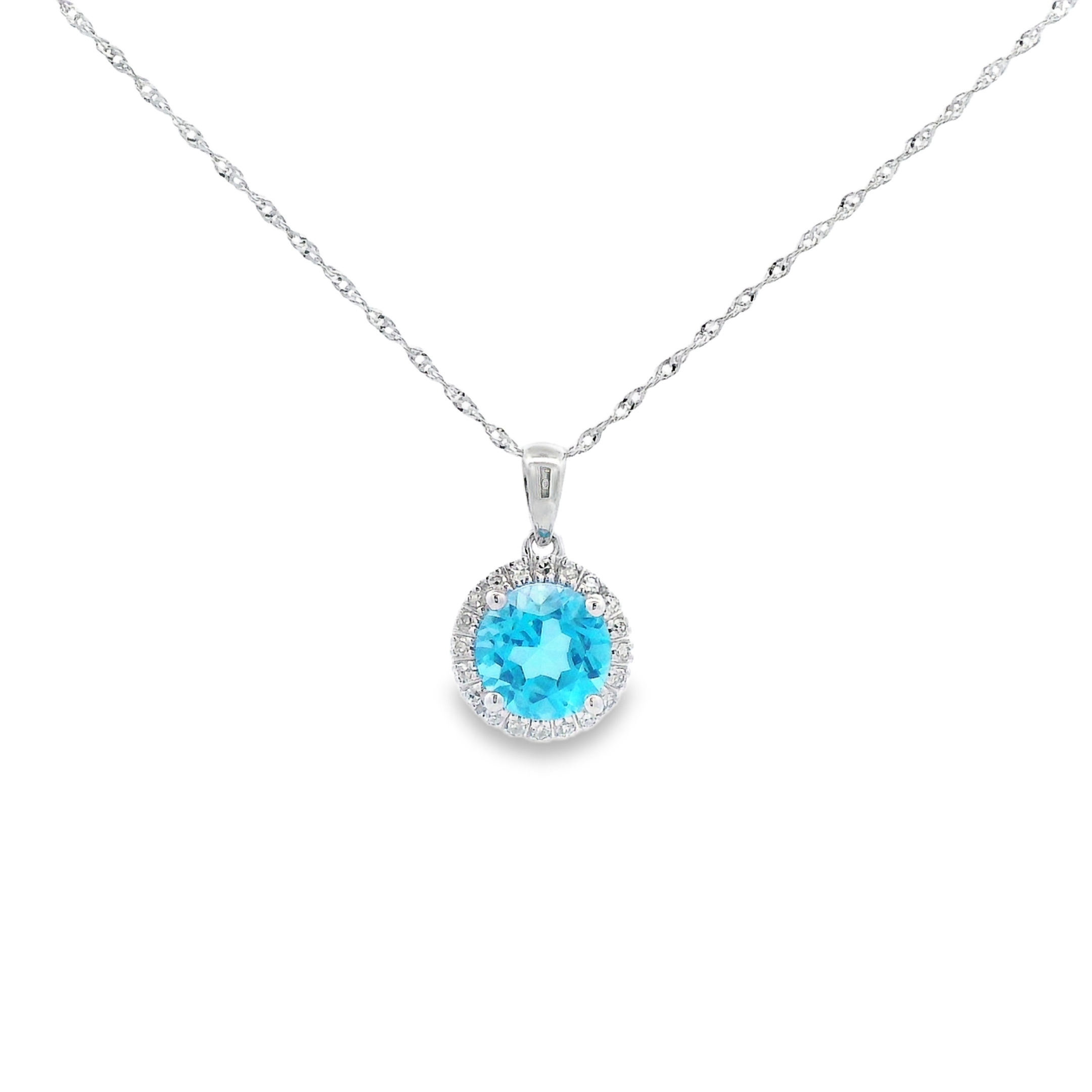 14K White Gold Round Blue Topaz & Diamond Halo Pendant