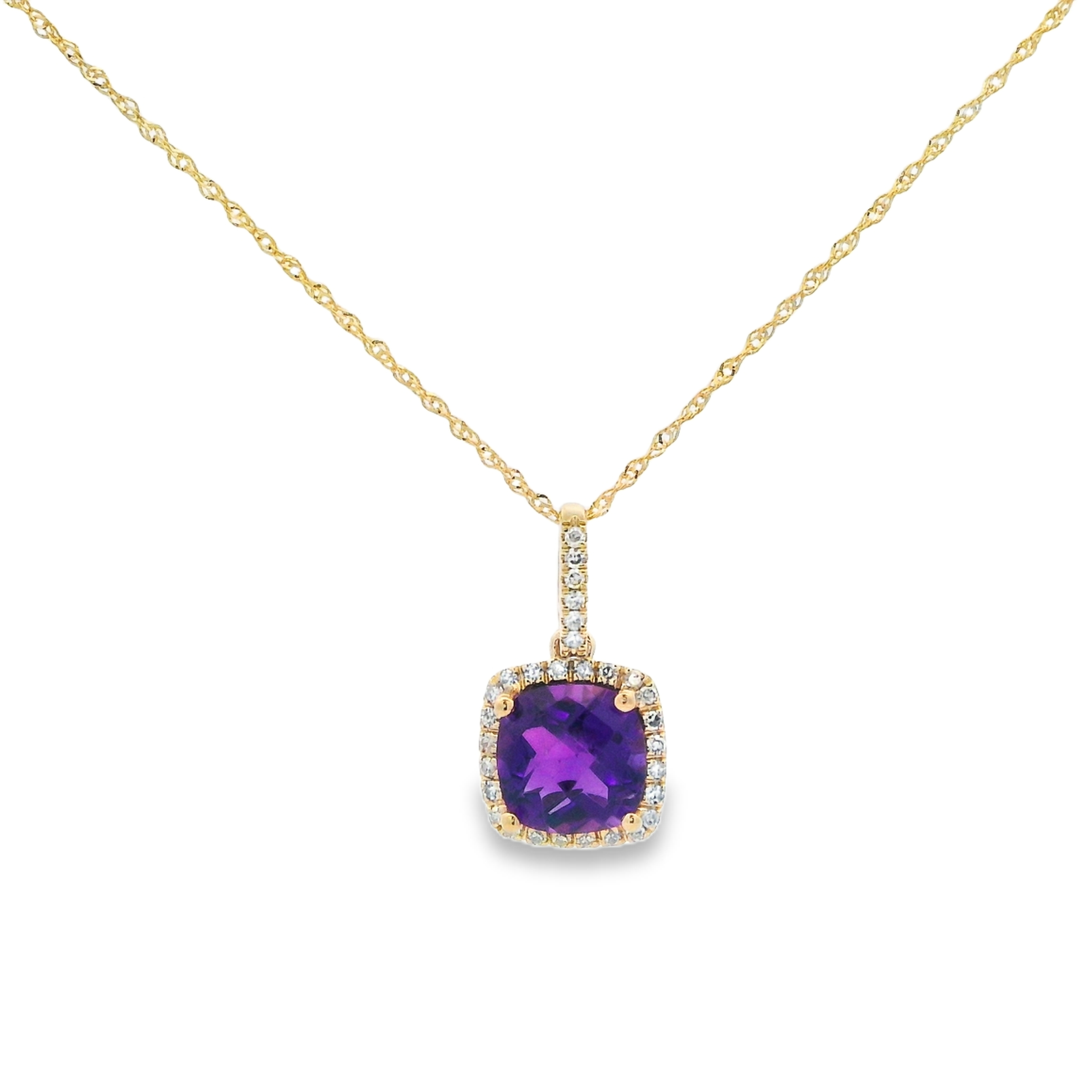 14K Yellow Gold Square Amethyst & Diamond Halo Pendant