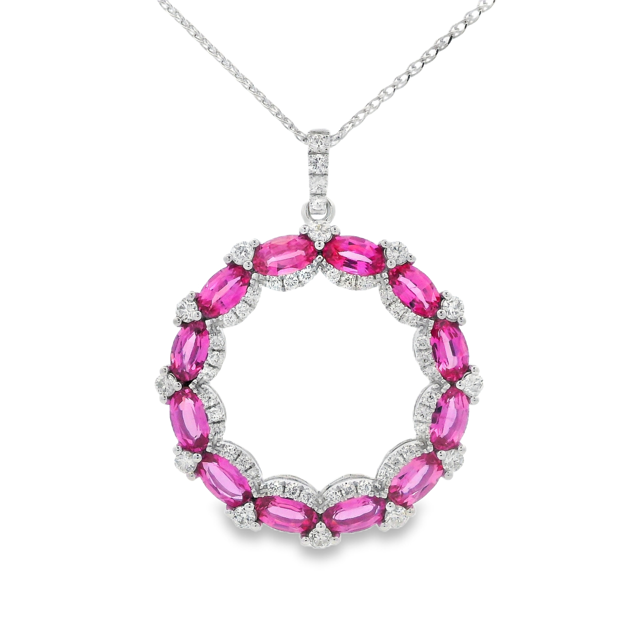 14K White Gold Pink Sapphire & Diamond Circle Pendant