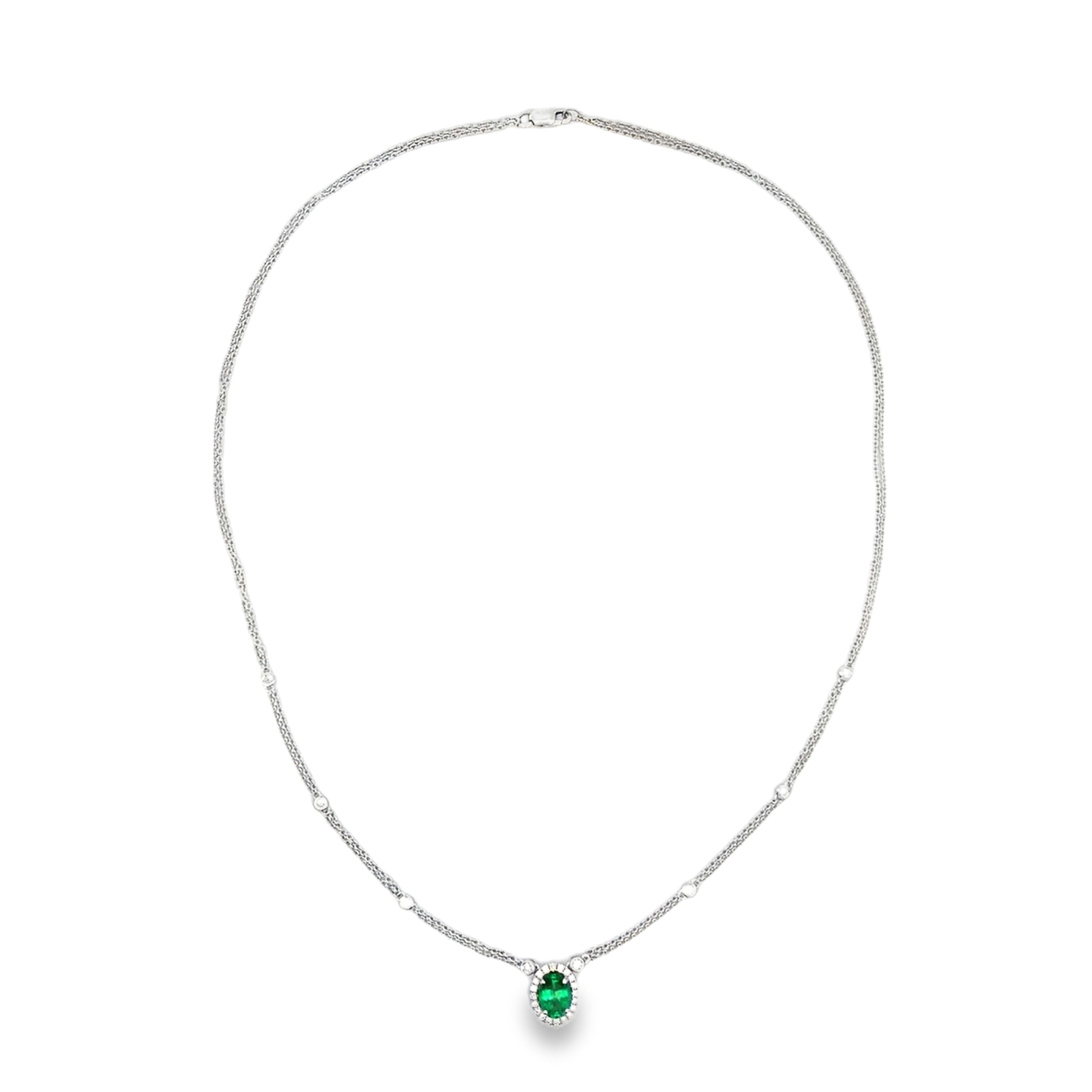 Roman Jewelers 18K White Gold Necklace with 1.13ct Emerald and 20 Round Diamonds Pendant and Double Strand Cable Chain with 4 Round Diamond Stations 18
