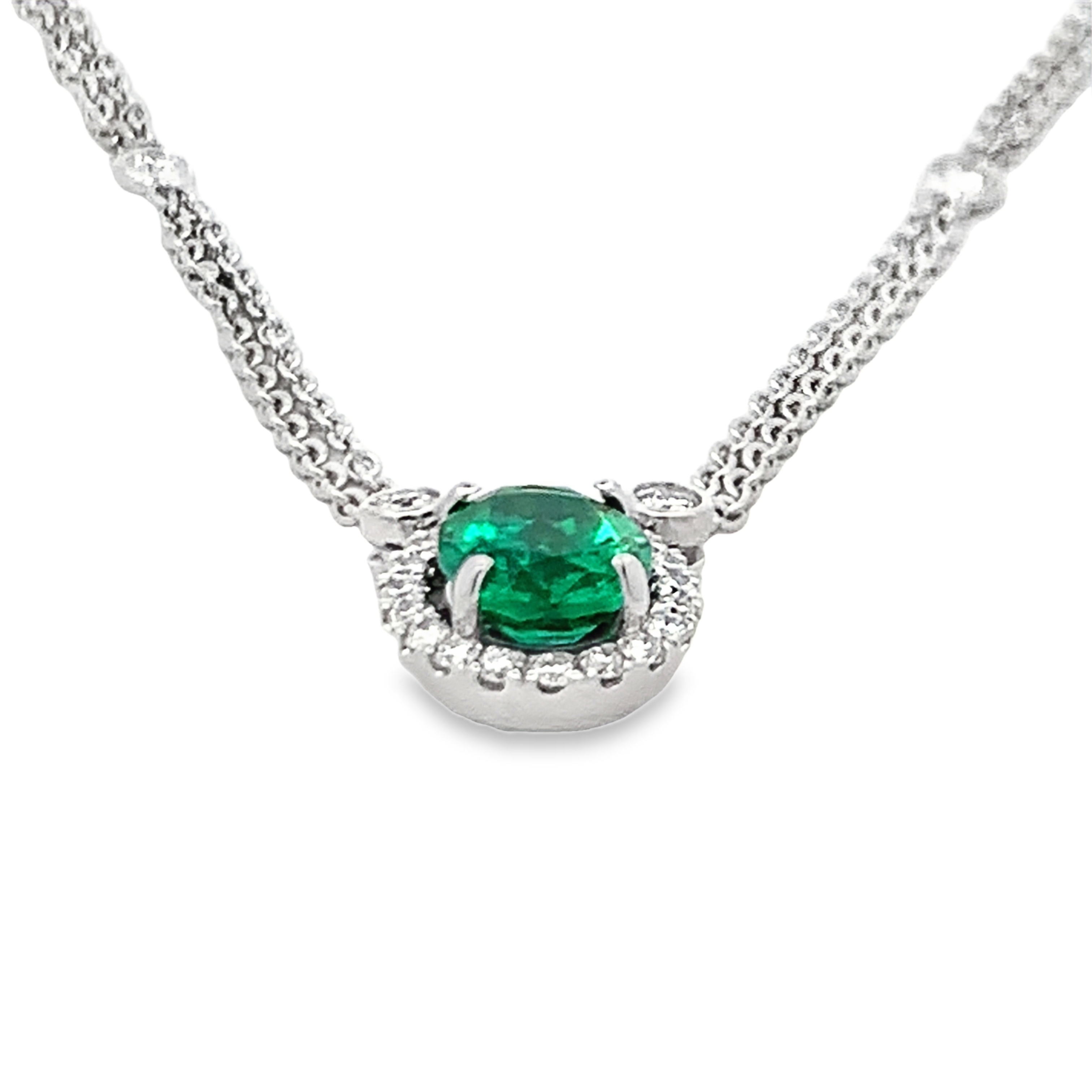 Roman Jewelers 18K White Gold Necklace with 1.13ct Emerald and 20 Round Diamonds Pendant and Double Strand Cable Chain with 4 Round Diamond Stations 18