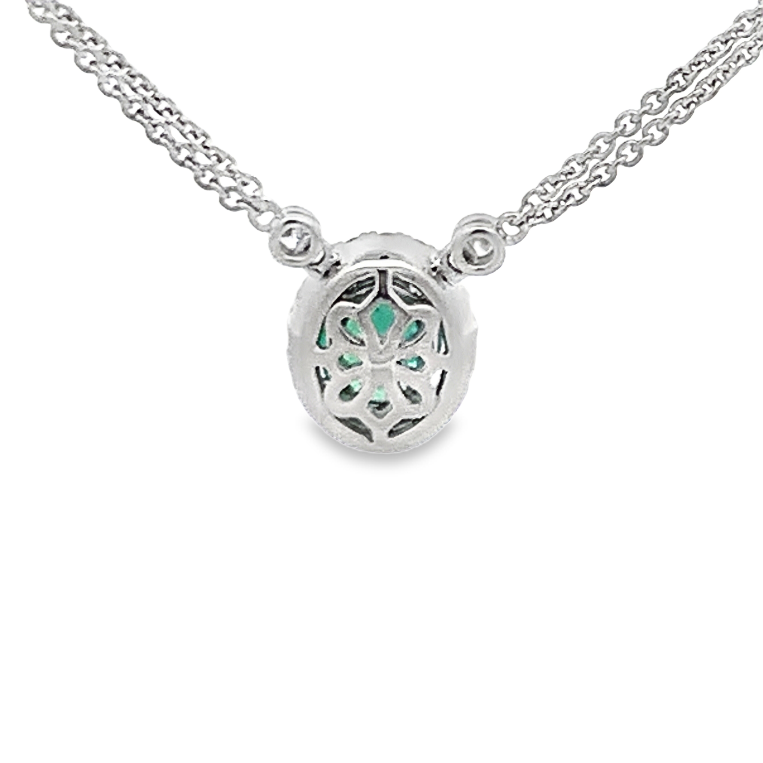 Roman Jewelers 18K White Gold Necklace with 1.13ct Emerald and 20 Round Diamonds Pendant and Double Strand Cable Chain with 4 Round Diamond Stations 18