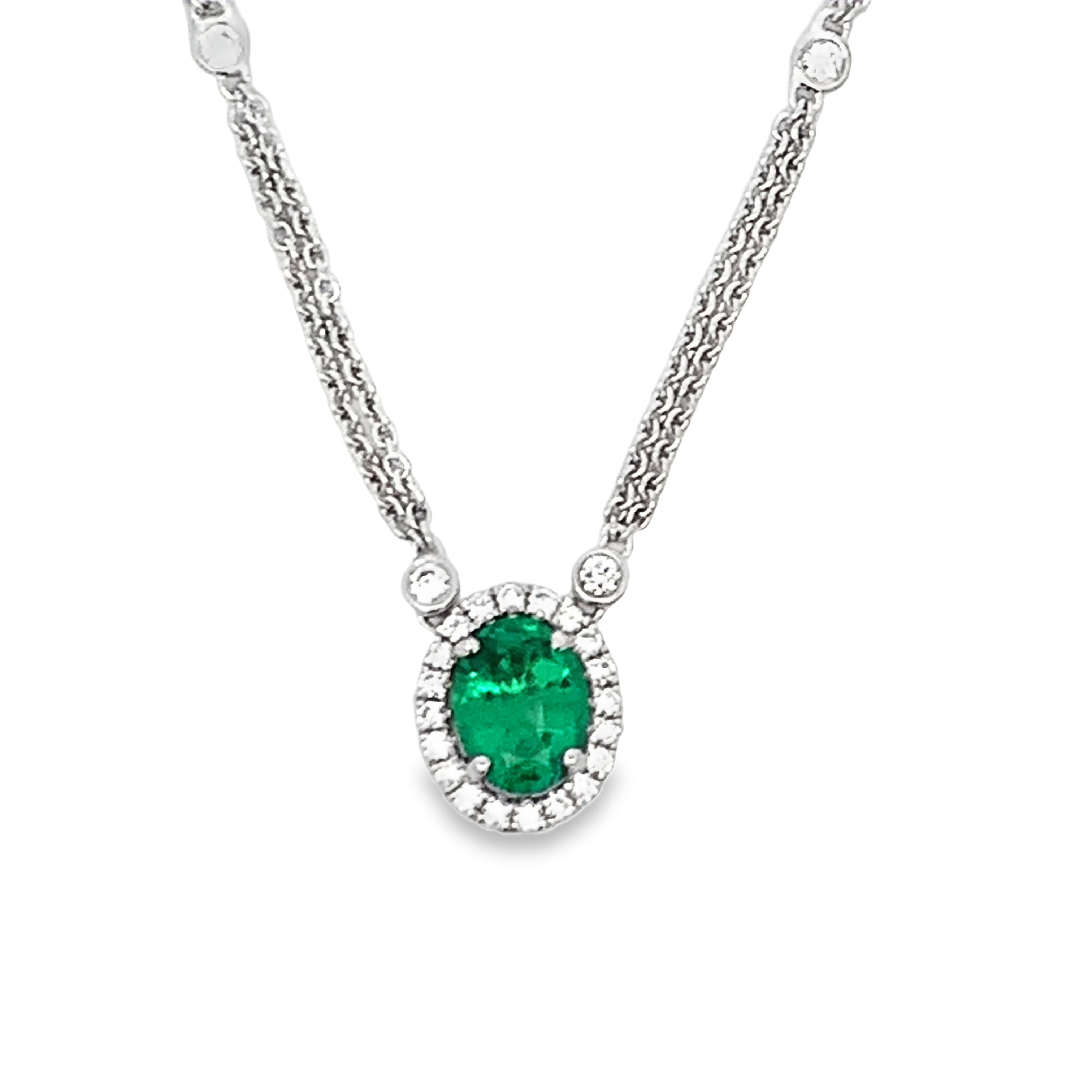 Roman Jewelers 18K White Gold Necklace with 1.13ct Emerald and 20 Round Diamonds Pendant and Double Strand Cable Chain with 4 Round Diamond Stations 18