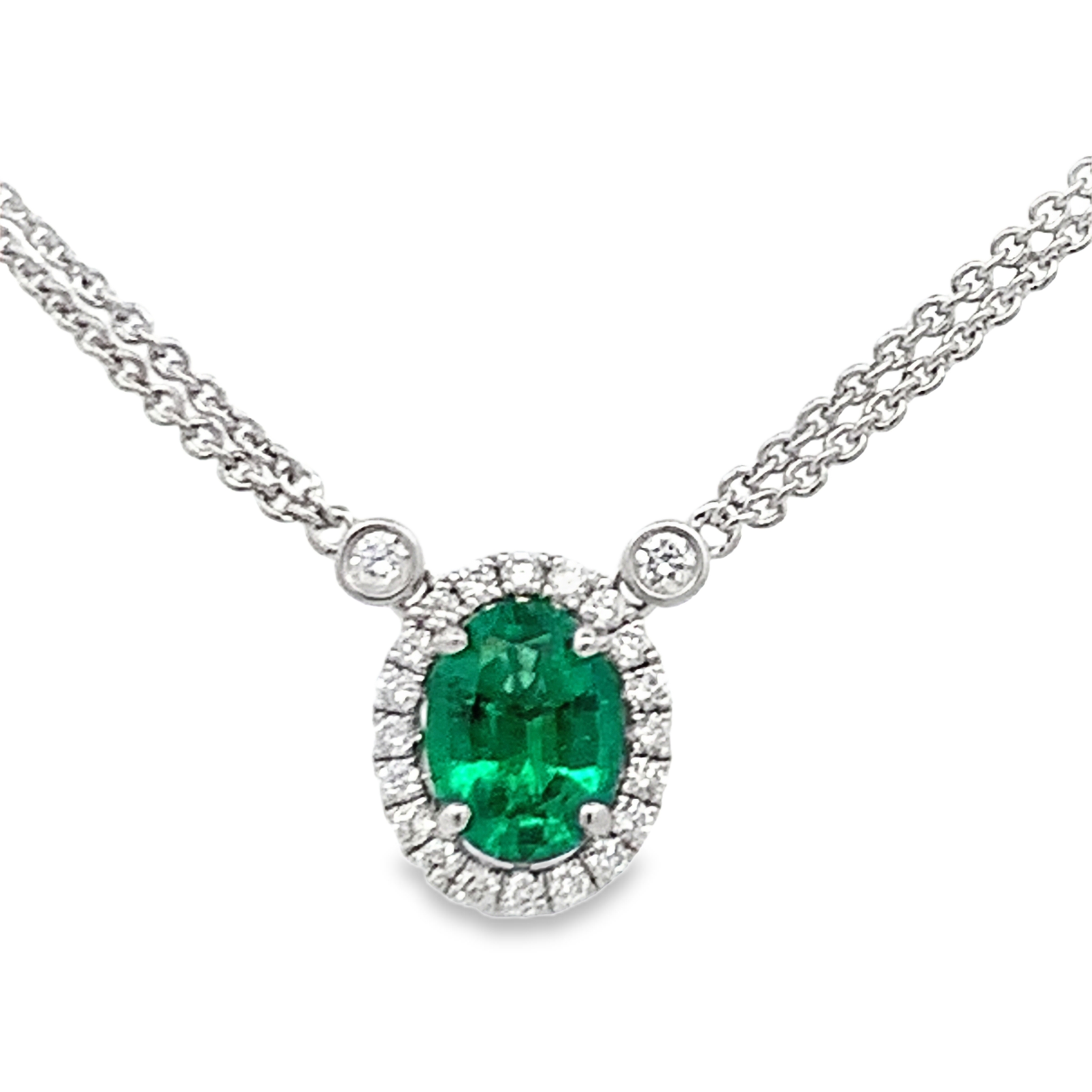 Roman Jewelers 18K White Gold Necklace with 1.13ct Emerald and 20 Round Diamonds Pendant and Double Strand Cable Chain with 4 Round Diamond Stations 18
