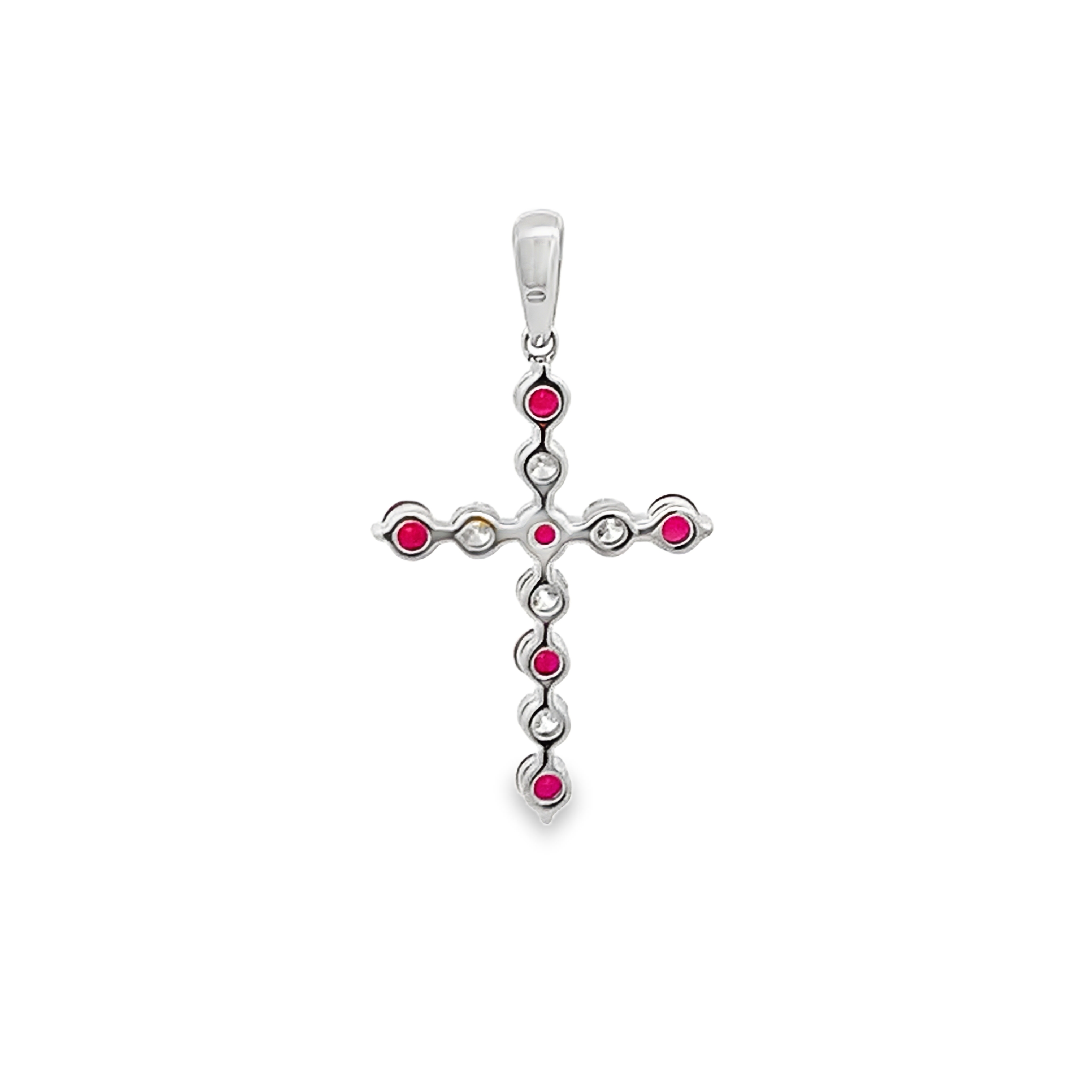 18K White Gold Diamond and Ruby Cross Pendant