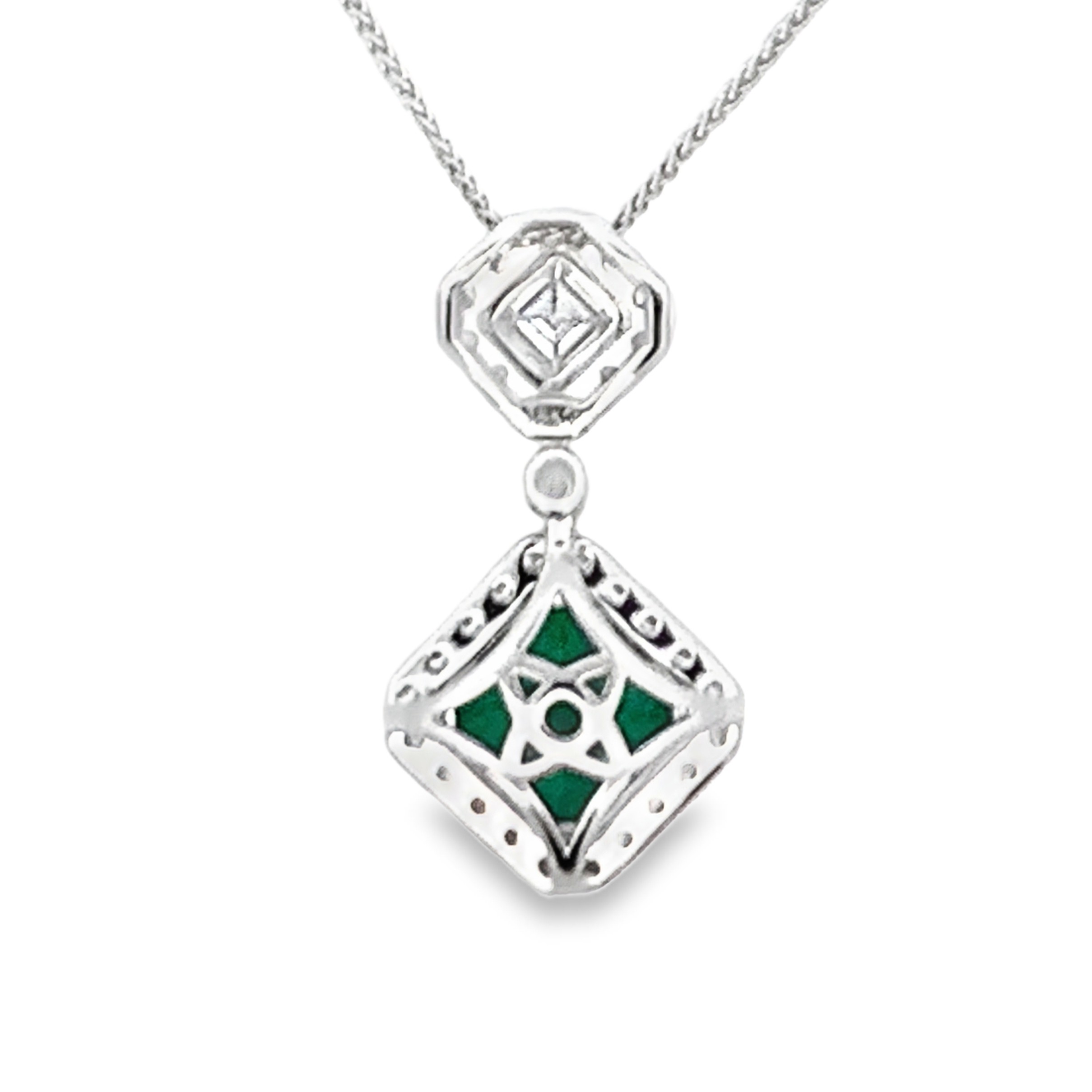 18K White Gold Emerald and Diamond Drop Pendant