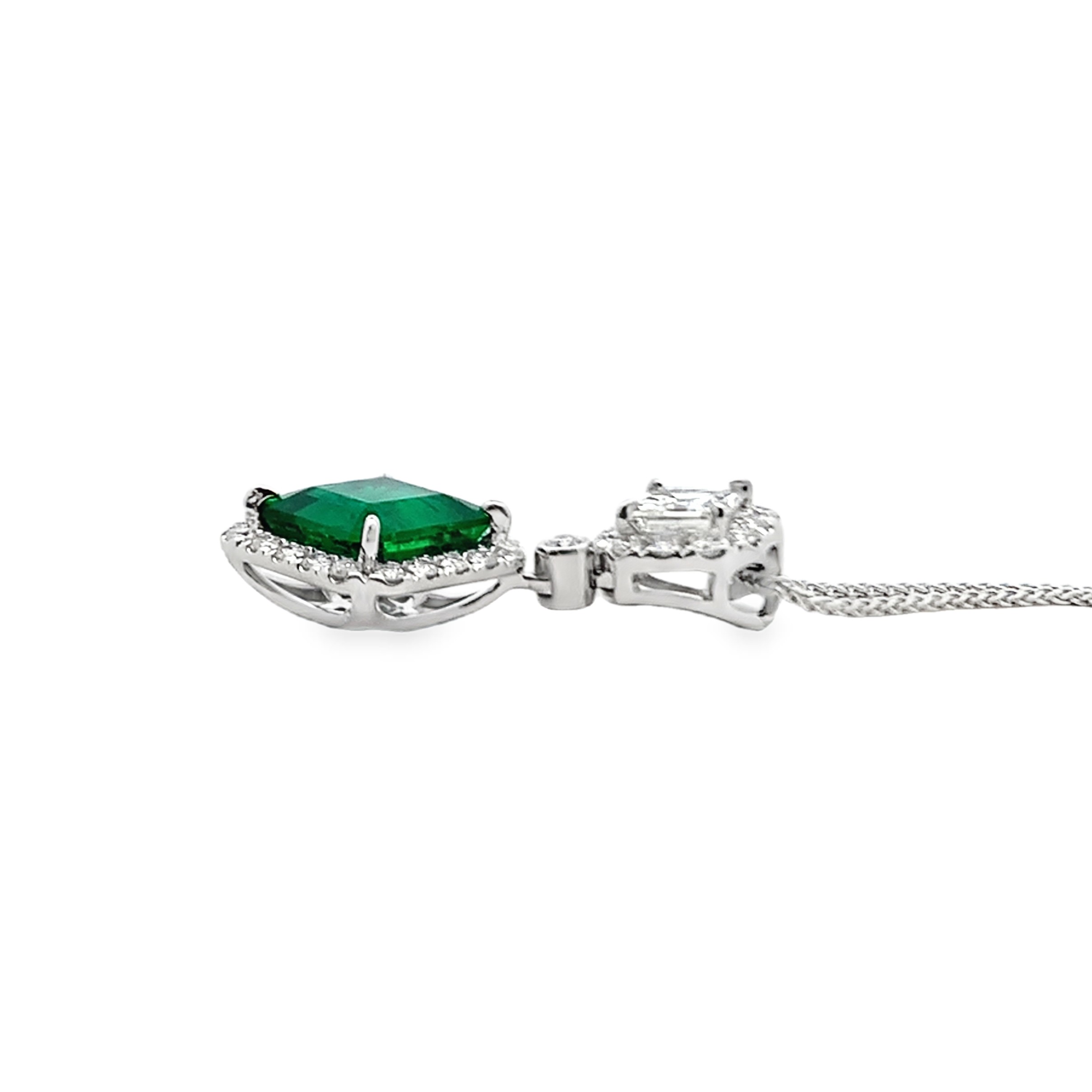 18K White Gold Emerald and Diamond Drop Pendant