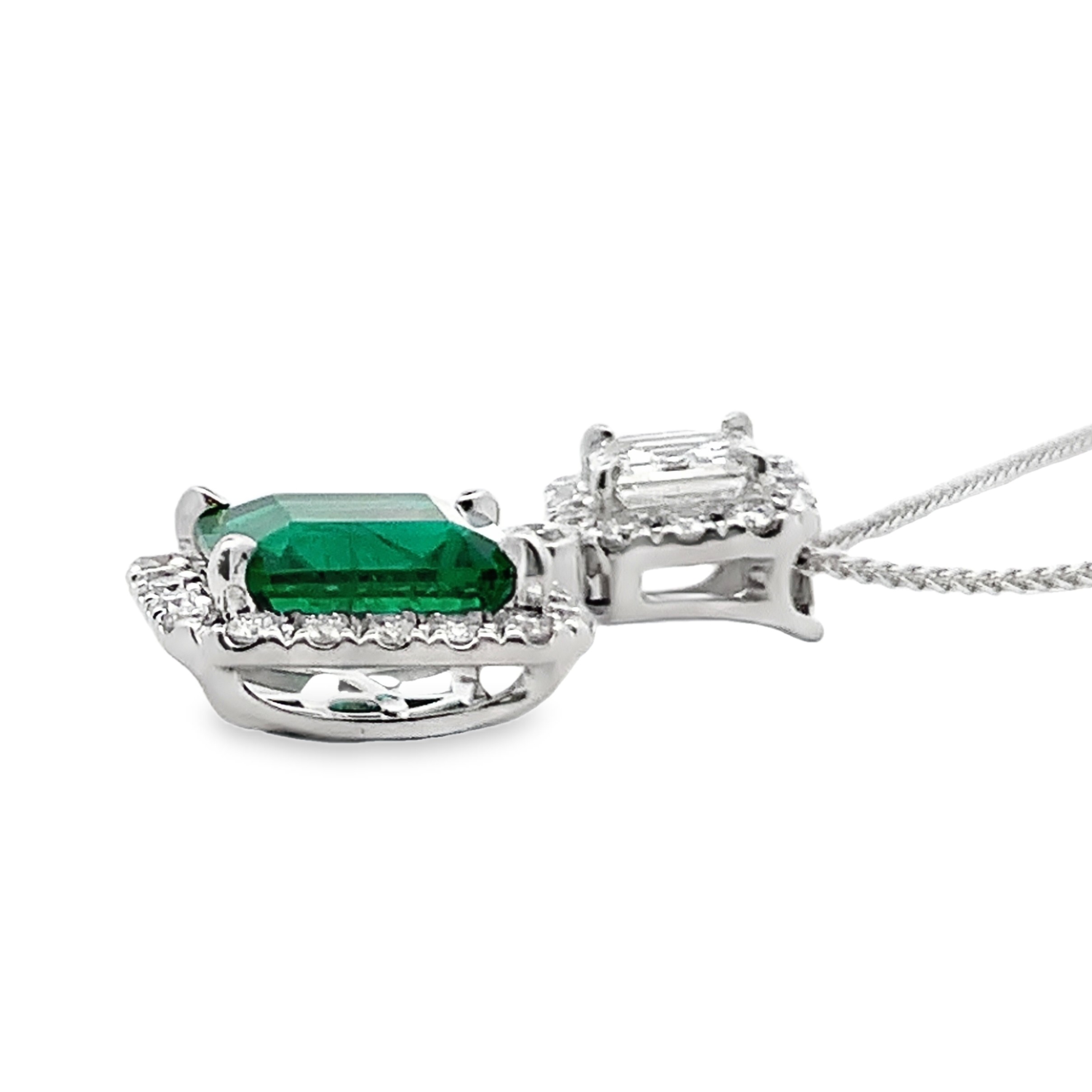 18K White Gold Emerald and Diamond Drop Pendant