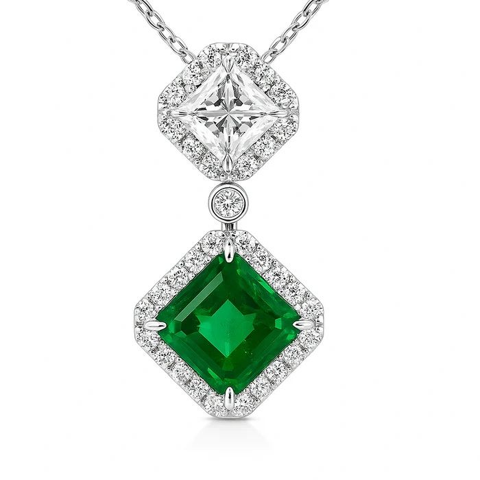 18K White Gold Emerald and Diamond Drop Pendant