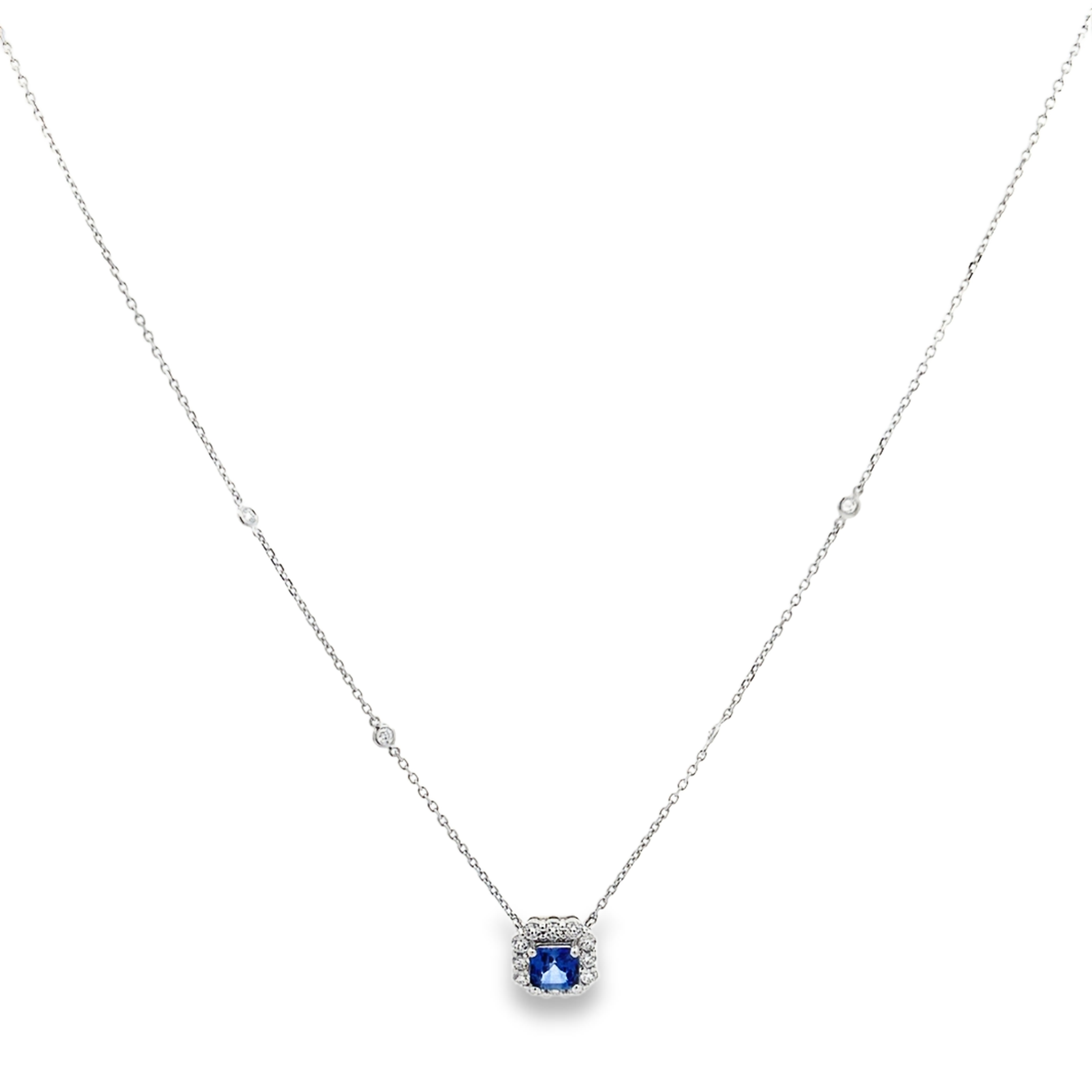 18K White Gold Sapphire and Diamond Halo Pendant