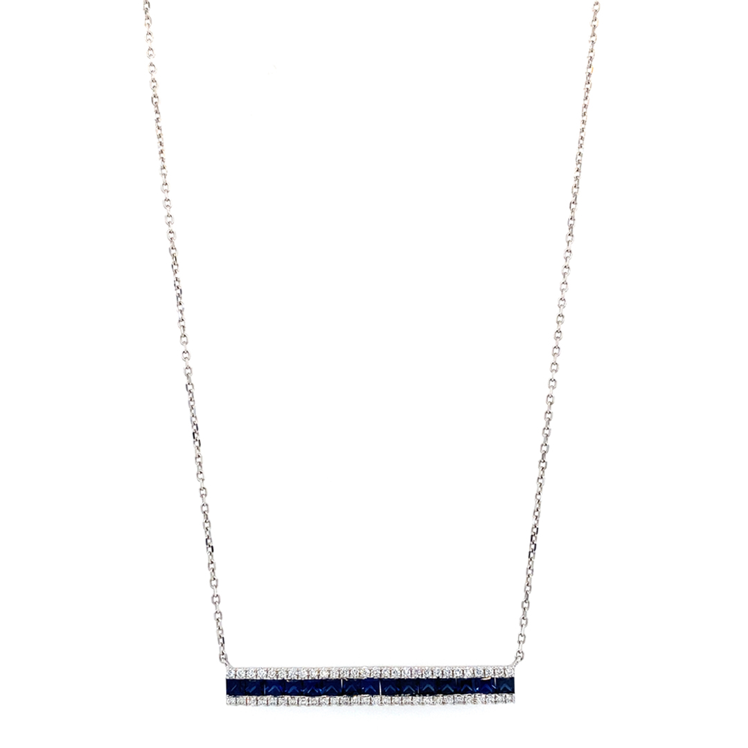 18K White Gold Sapphires and Diamonds Bar Pendant with Chain