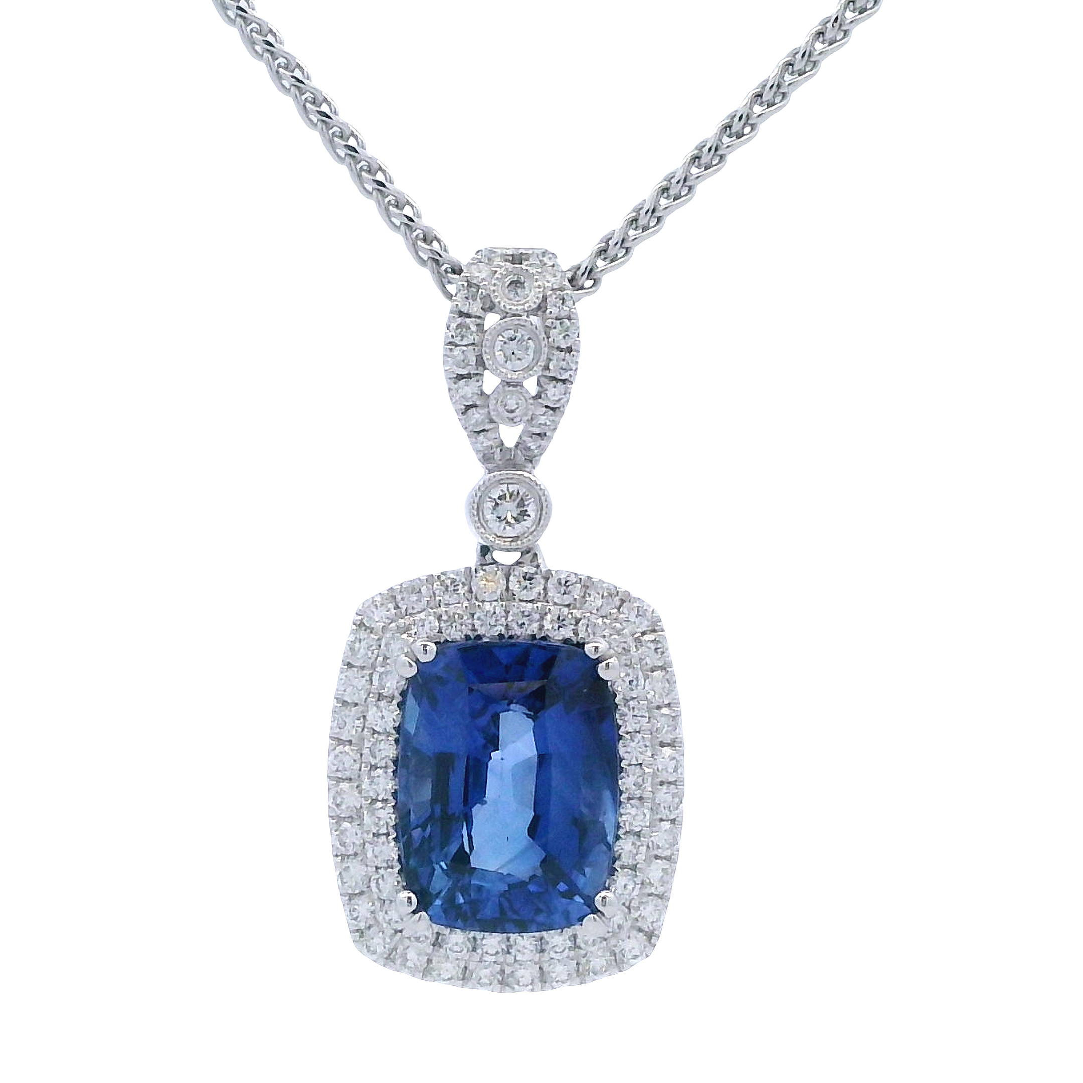 Quality Color Design 18K White Gold Sapphire and Diamond Pendant with Chain 18