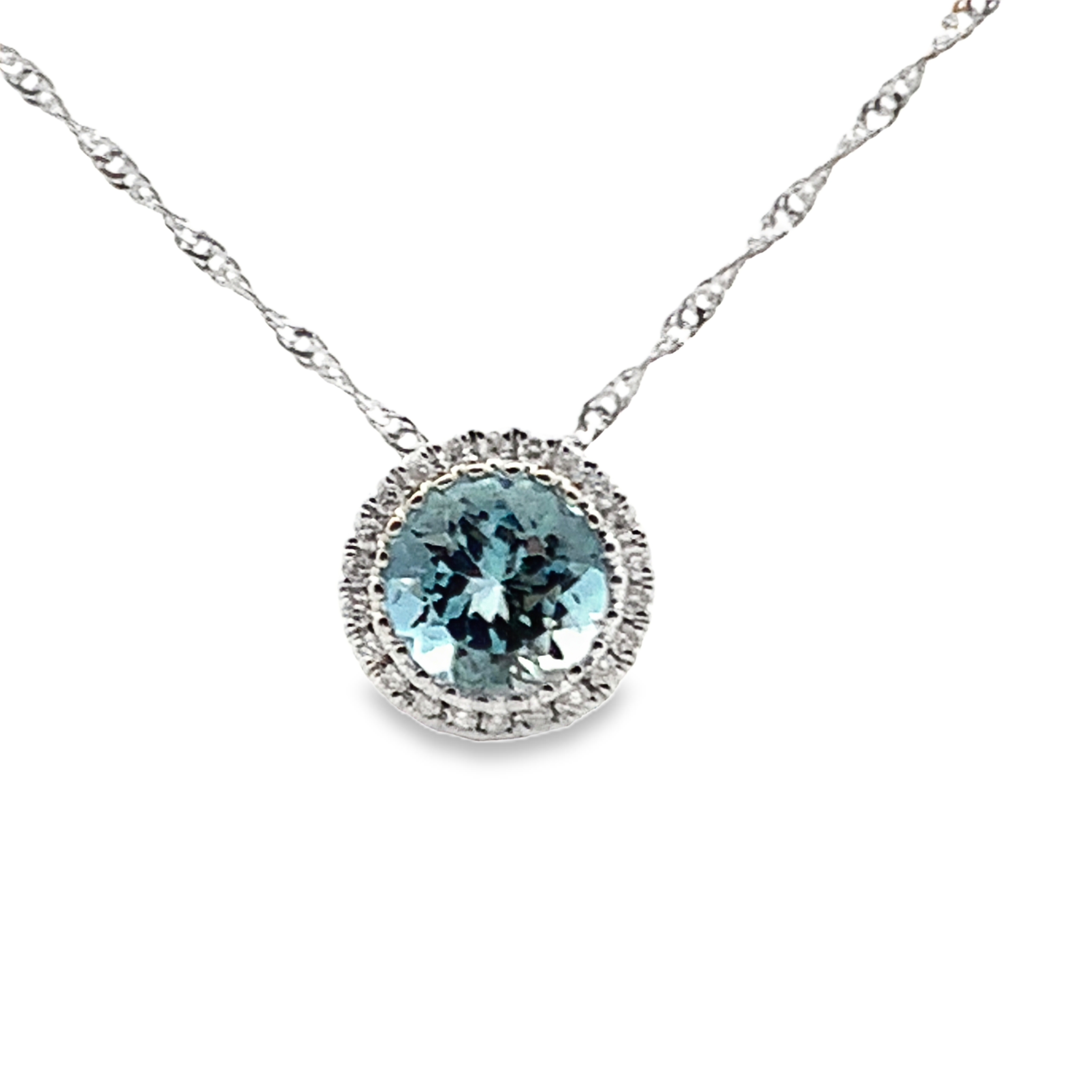 14K White Gold Aquamarine & Diamond Halo Slide Pendant