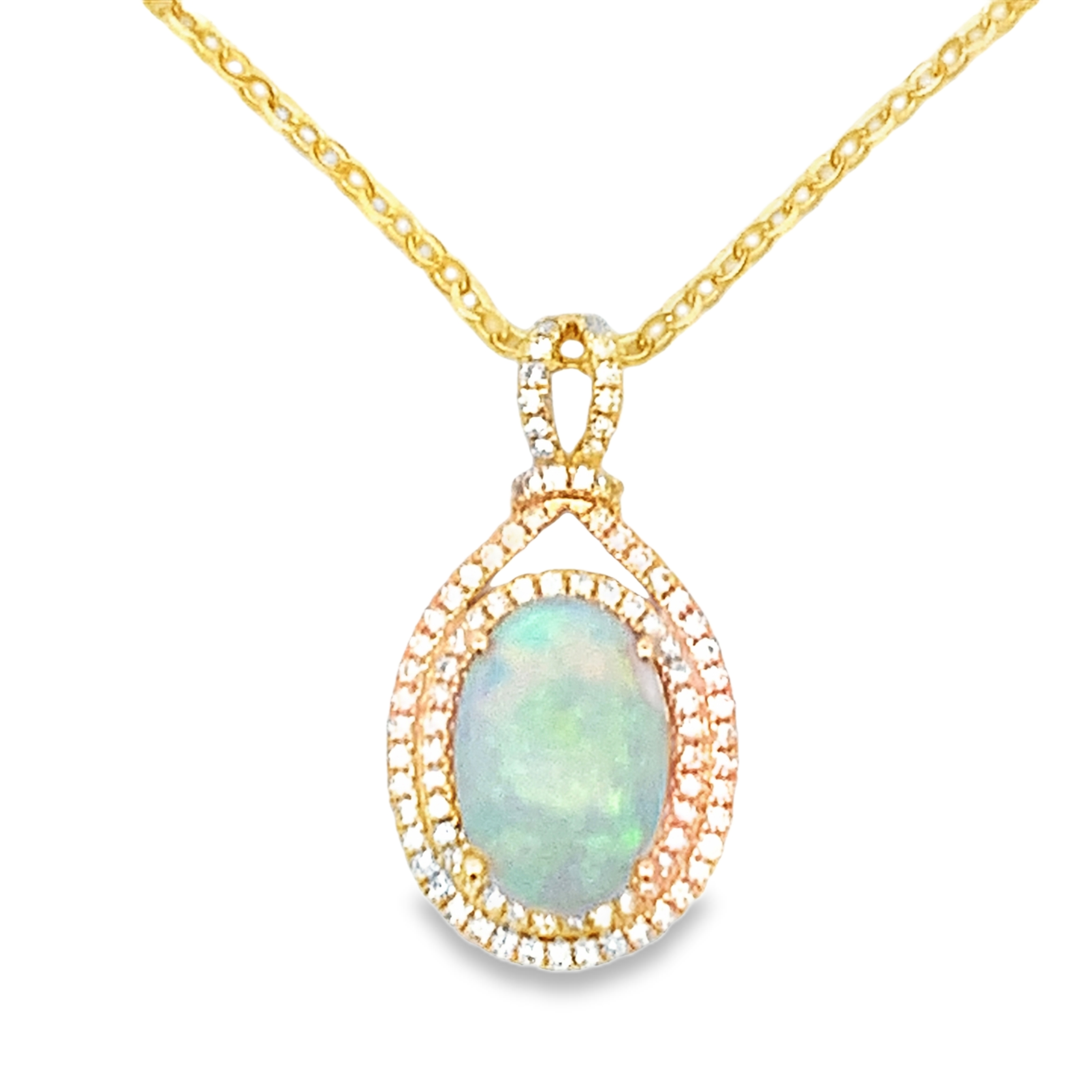 14K Yellow Gold Oval Opal and Diamond Double Halo Pendant