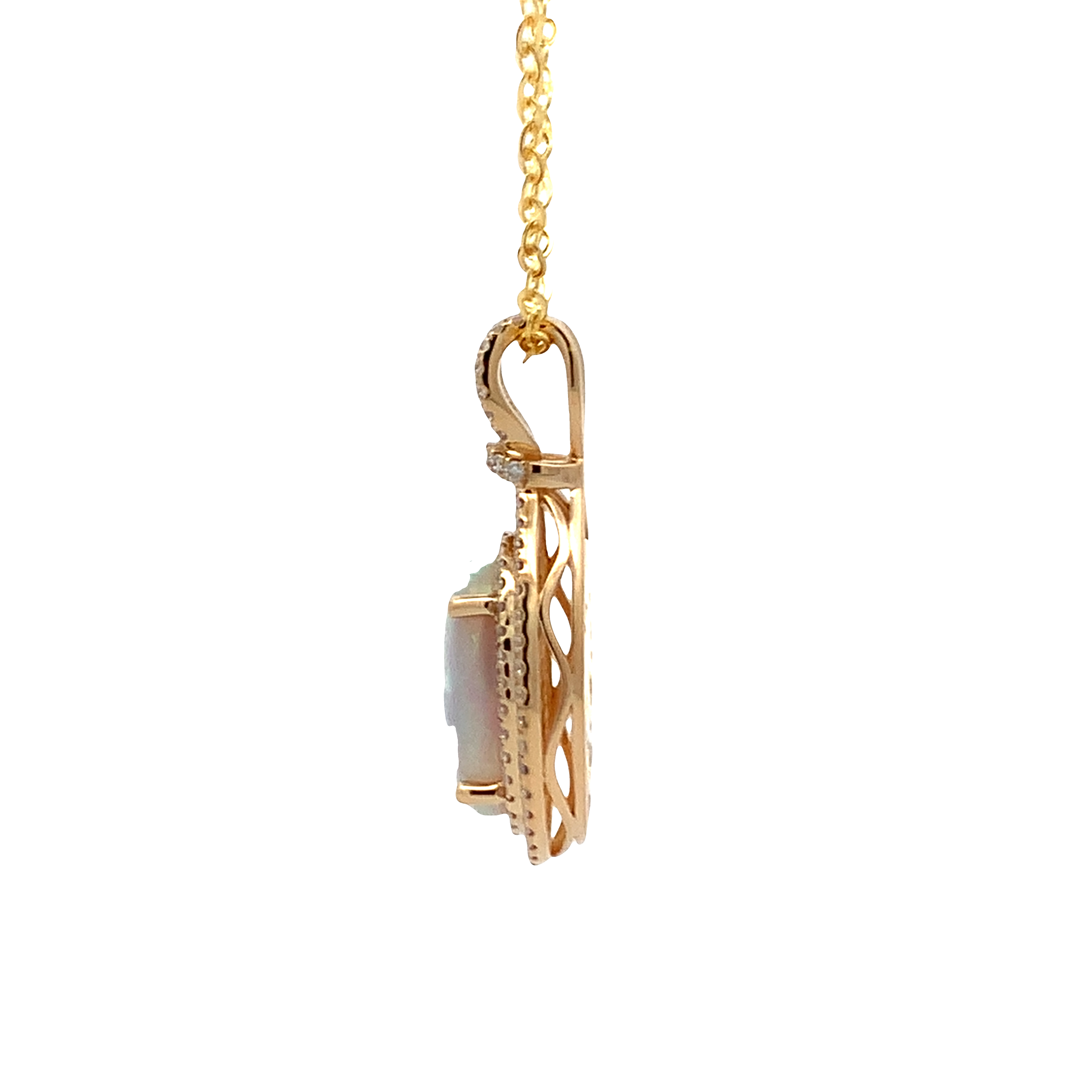 14K Yellow Gold Oval Opal and Diamond Double Halo Pendant