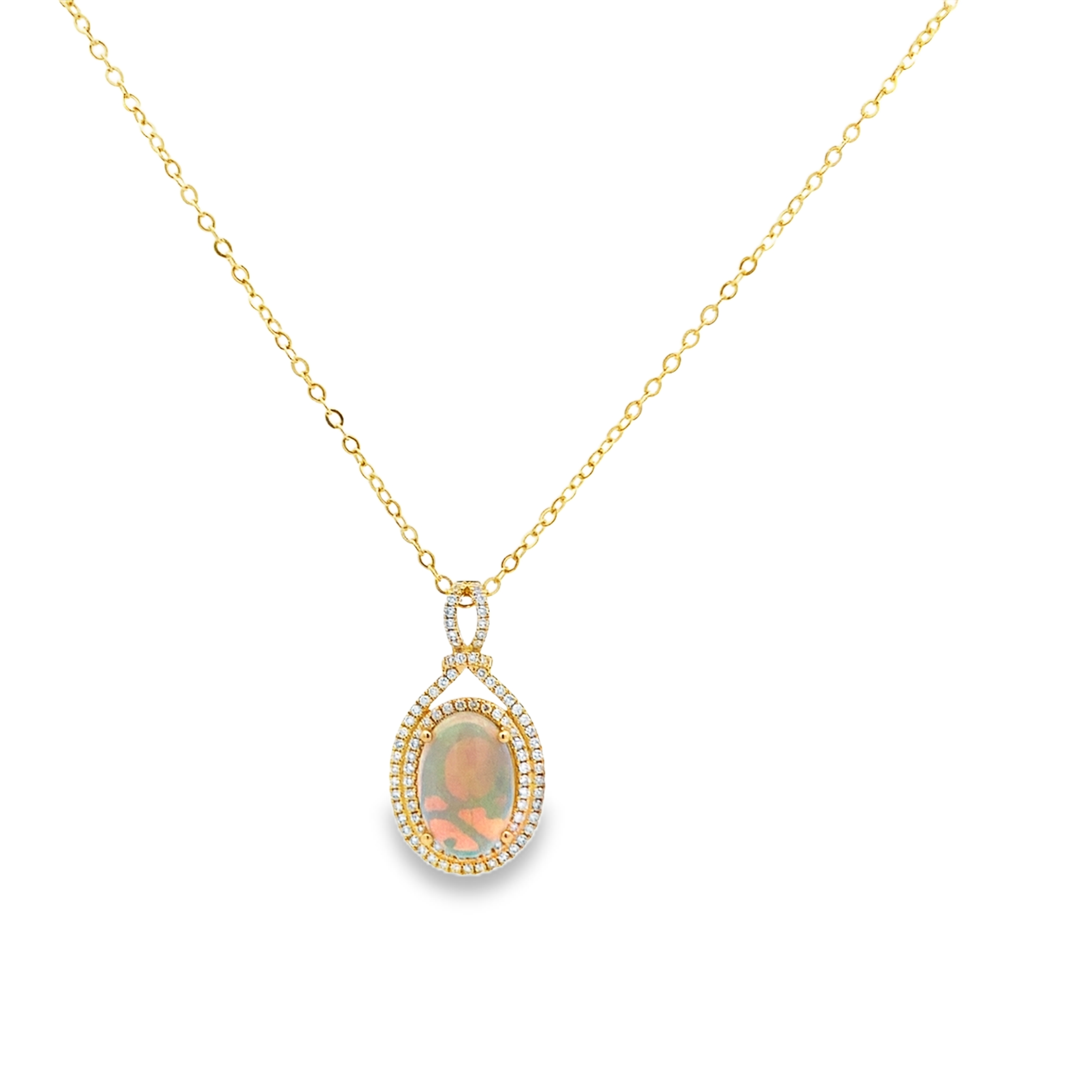 14K Yellow Gold Oval Opal and Diamond Double Halo Pendant