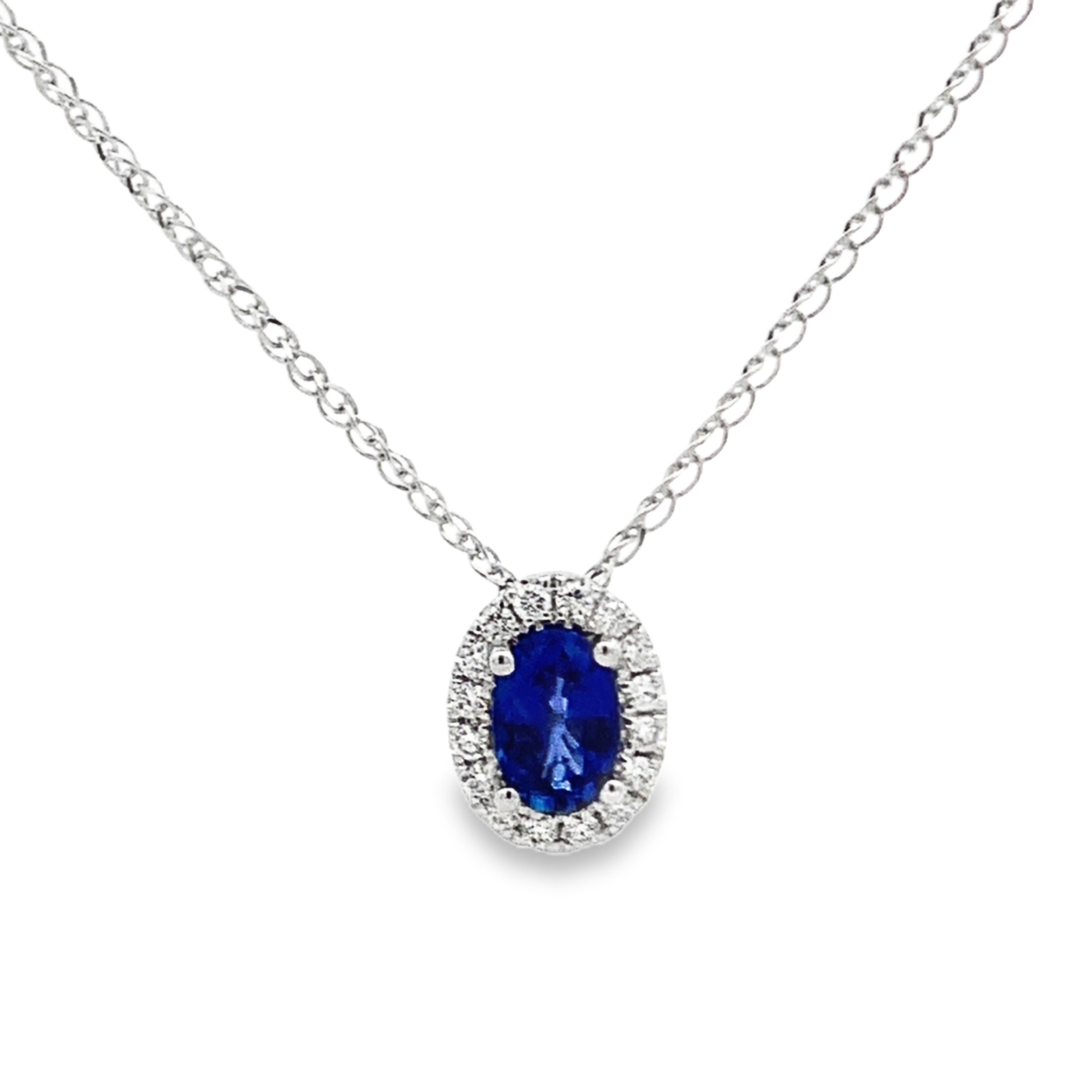 14K White Gold Oval Sapphire and Diamond Halo Pendant