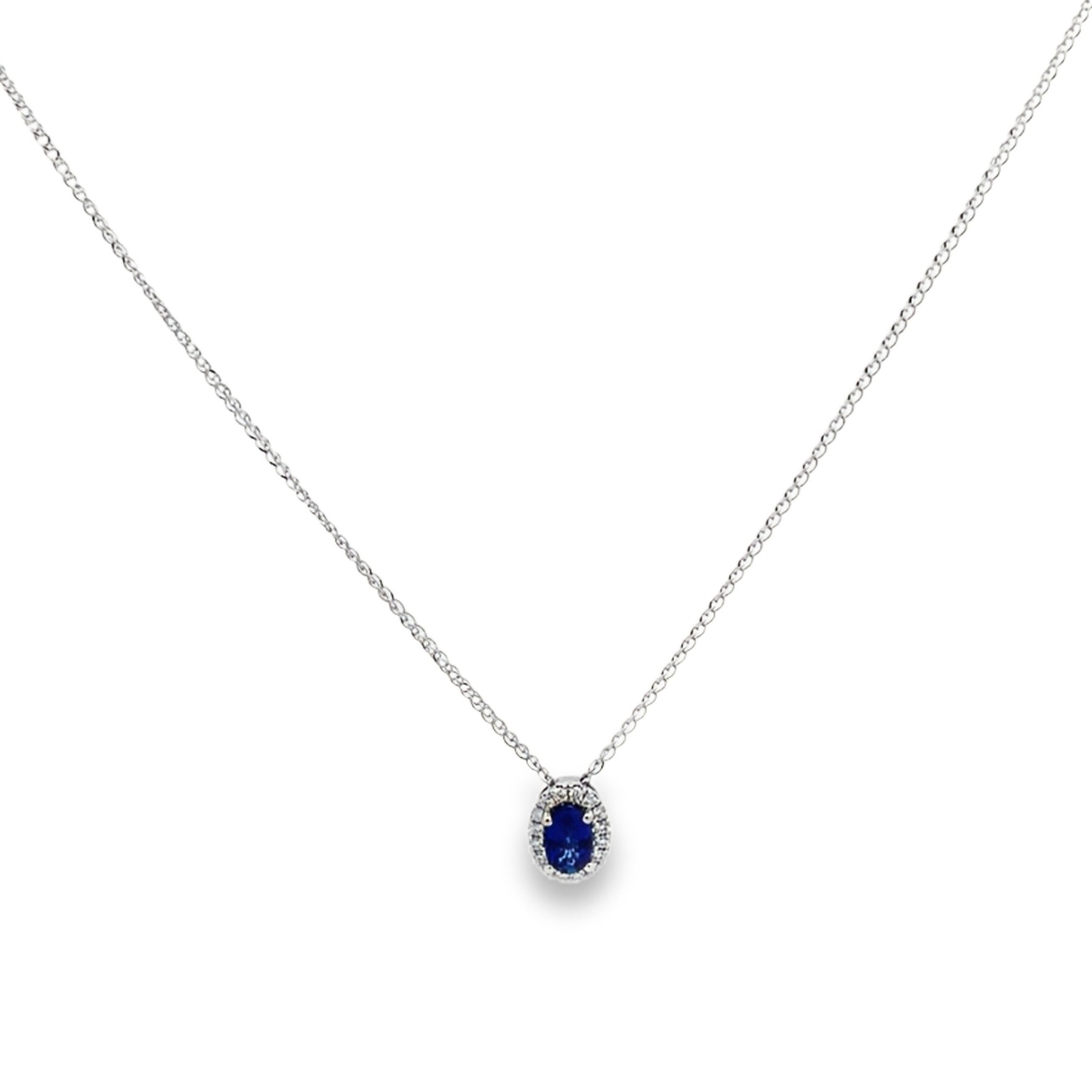 14K White Gold Oval Sapphire and Diamond Halo Pendant