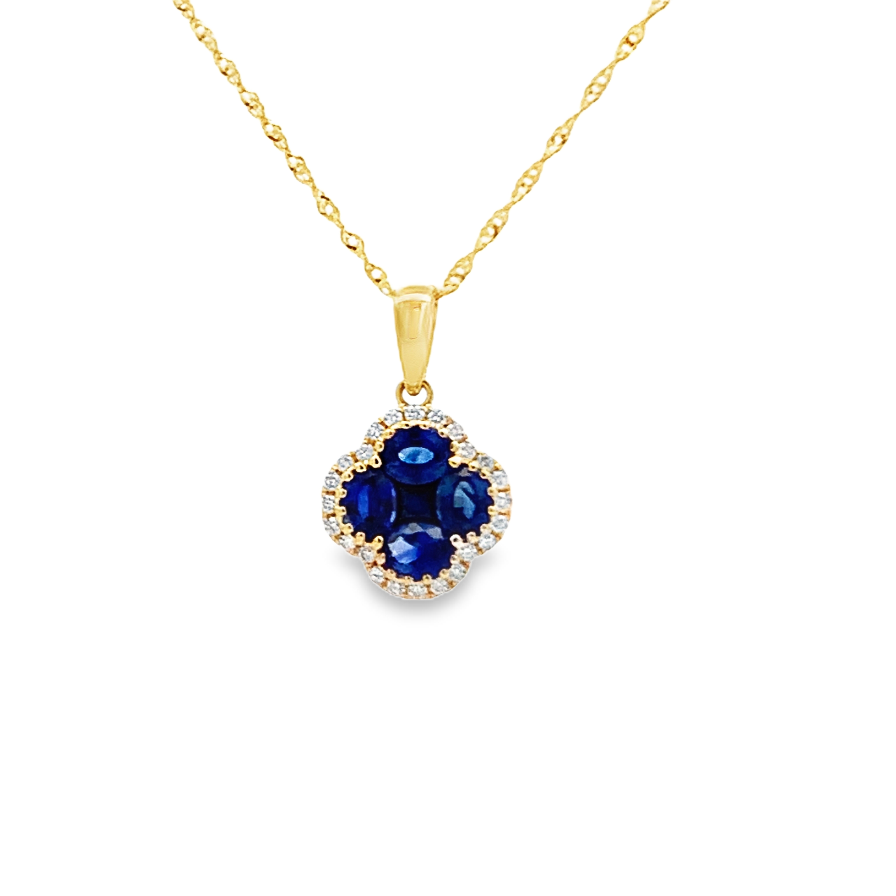 14K Yellow Gold Sapphire and Diamond Clover Pendant with Chain