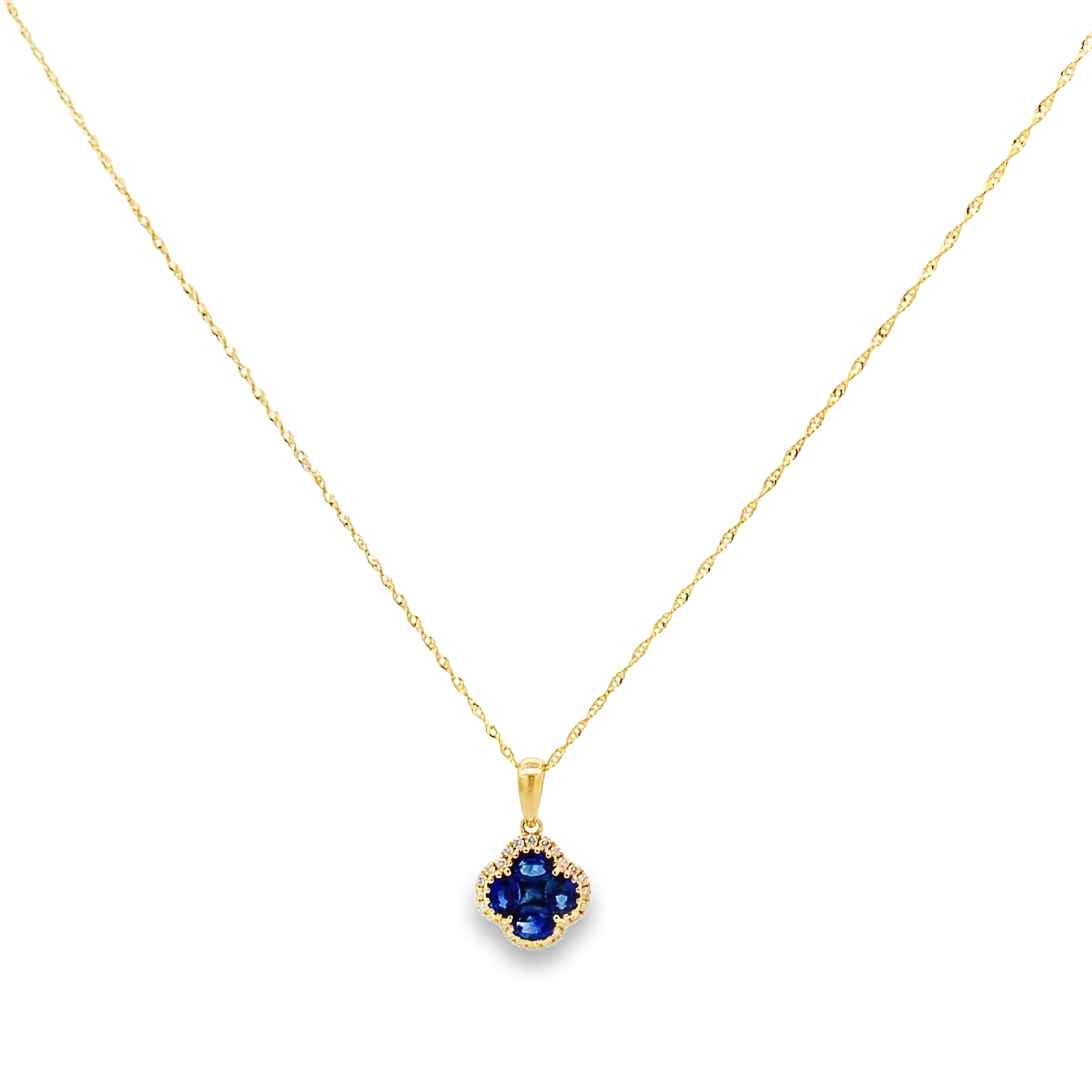 14K Yellow Gold Sapphire and Diamond Clover Pendant with Chain