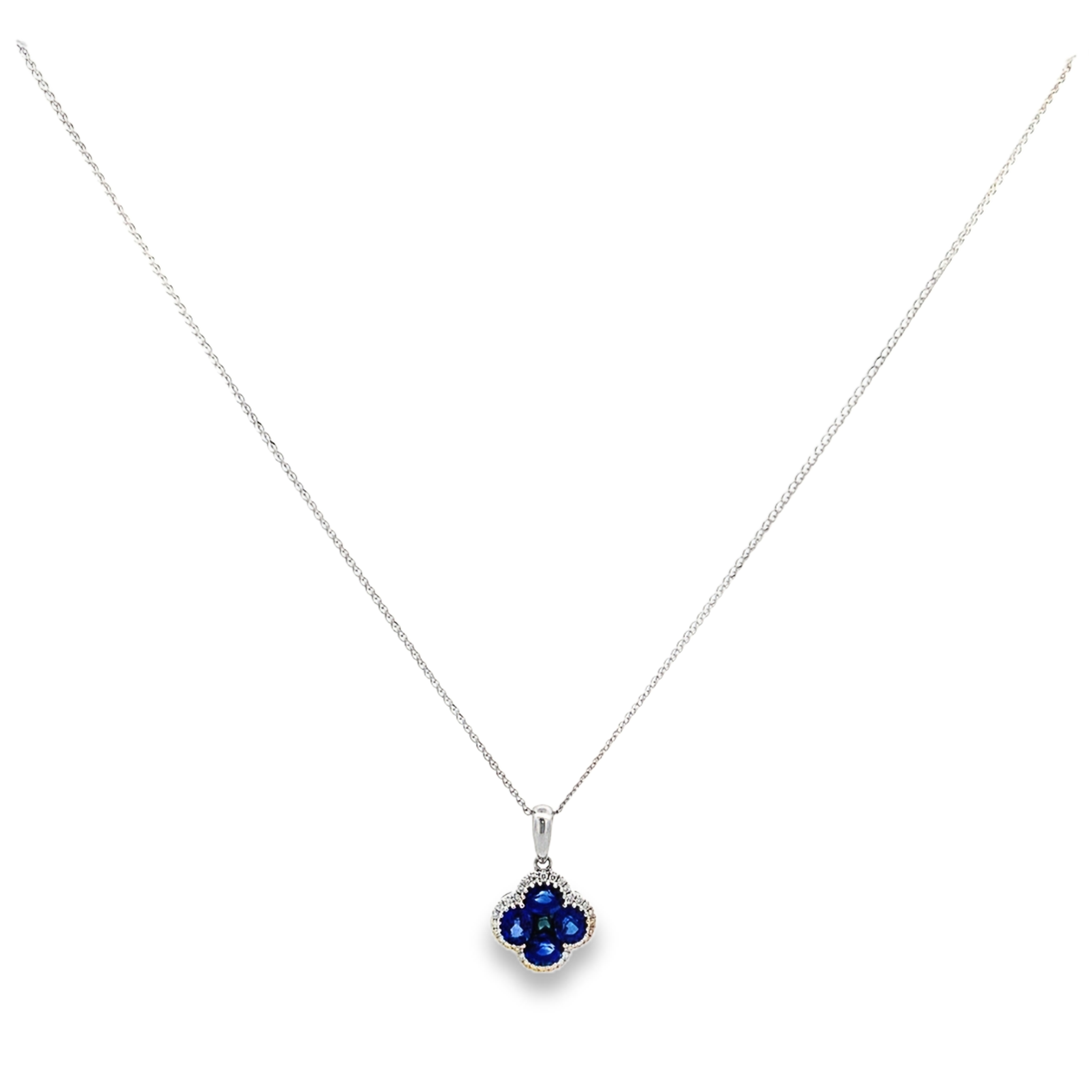 14K White Gold Sapphire and Diamond Clover Pendant with Chain