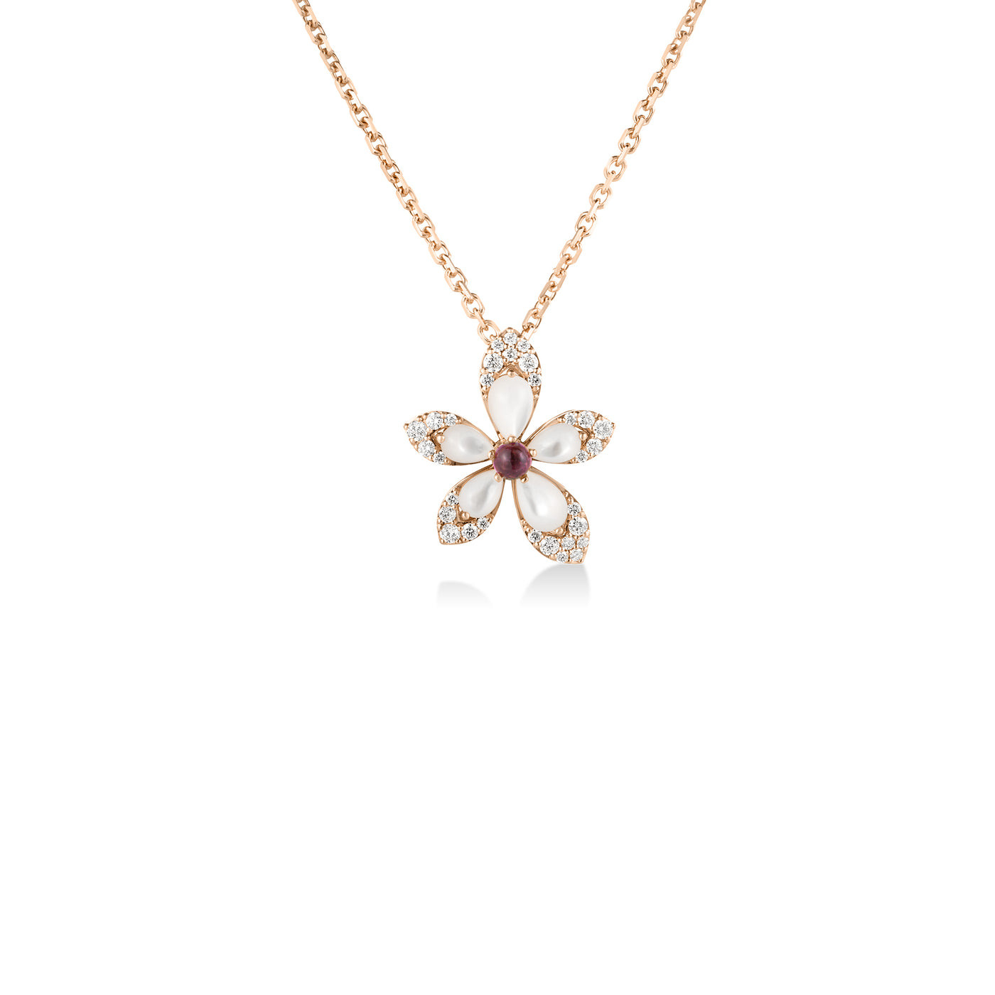 Roberto Coin 18K Rose Gold Tiare Diamond, Rubellite and Mother of Pearl Flower Pendant Necklace 17