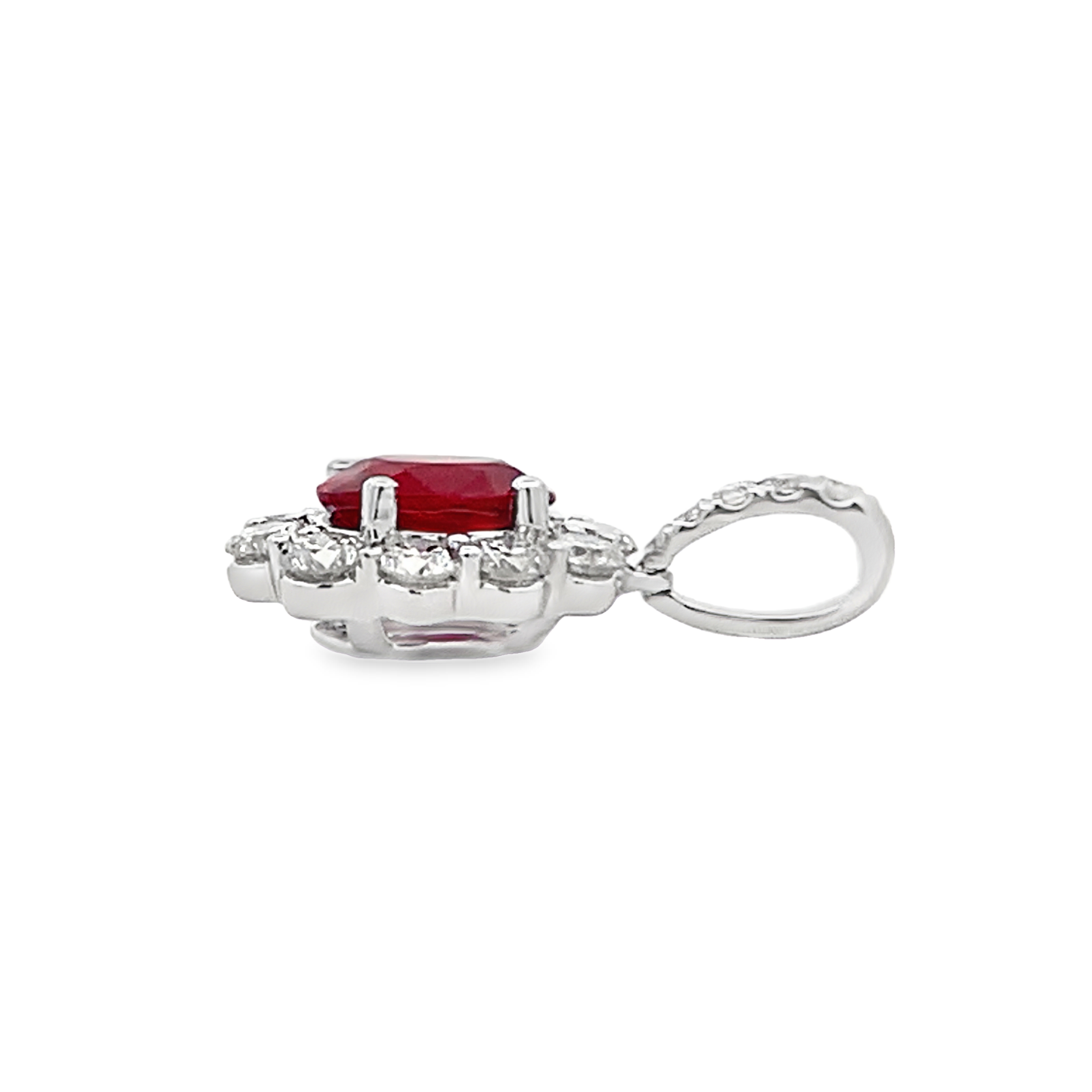 18K White Gold Oval Ruby and Diamond Halo Pendant