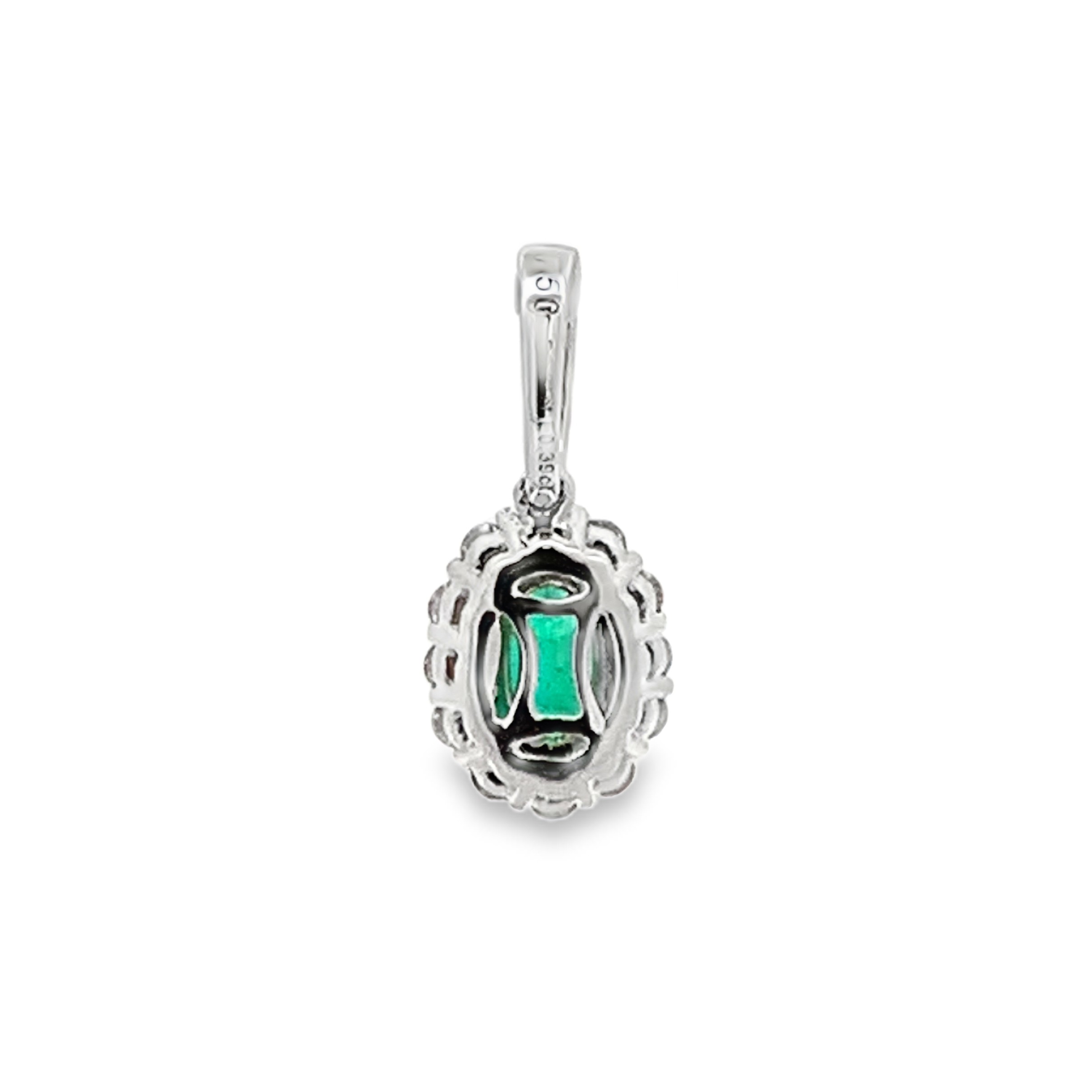 18K White Gold Oval Emerald and Diamond Halo Pendant