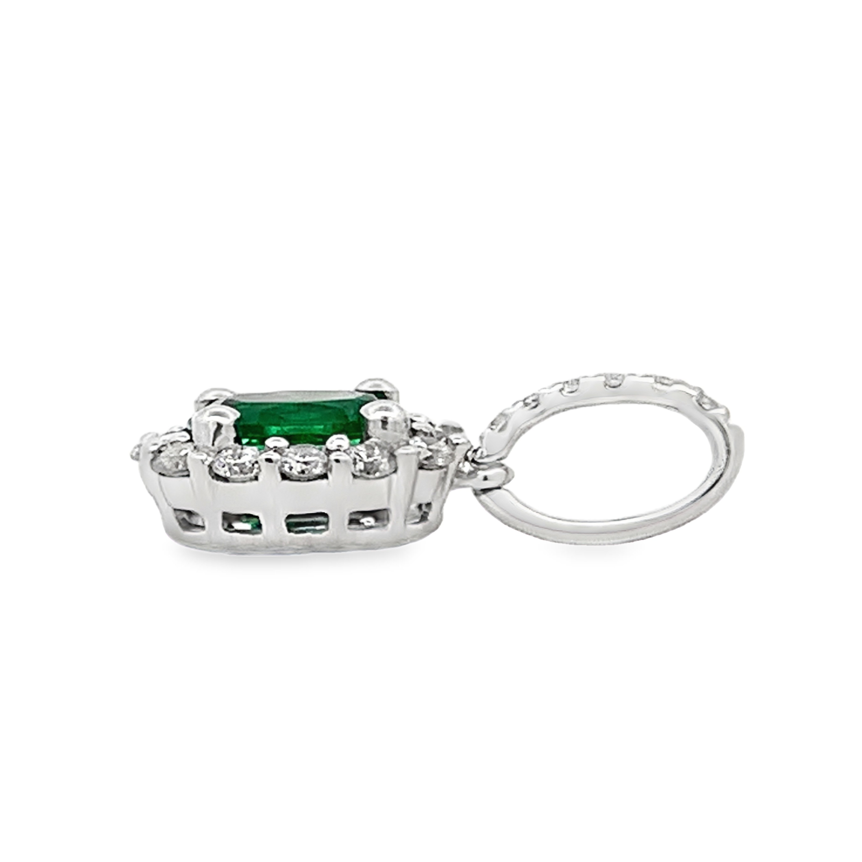 18K White Gold Oval Emerald and Diamond Halo Pendant