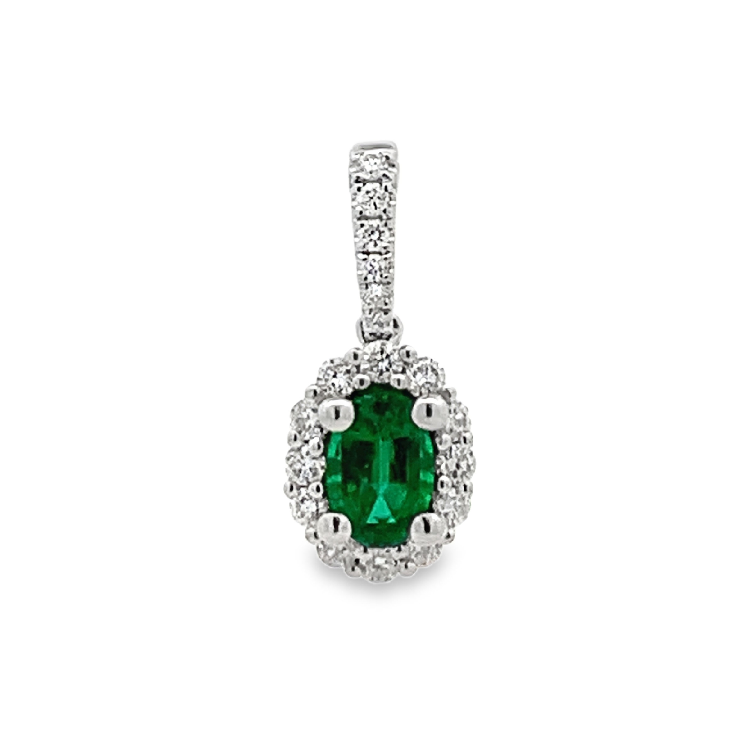 18K White Gold Oval Emerald and Diamond Halo Pendant