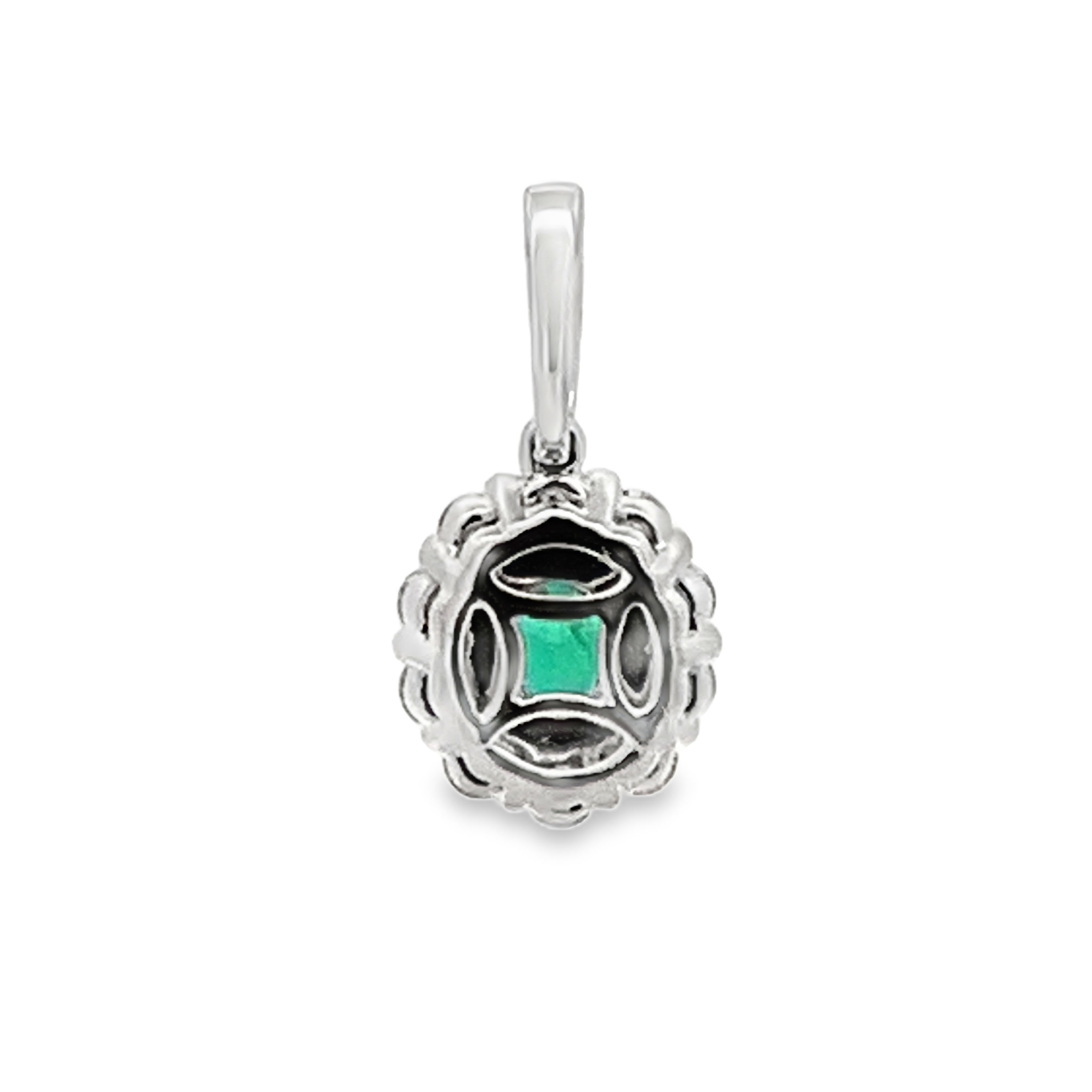 18K White Gold Small Oval Emerald and Diamond Halo Pendant