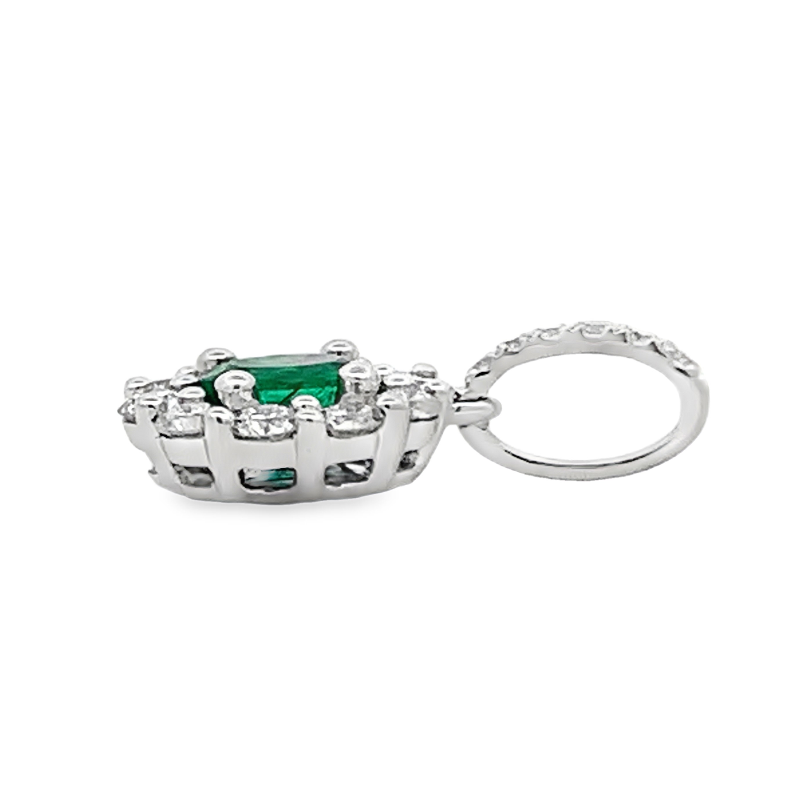 18K White Gold Small Oval Emerald and Diamond Halo Pendant