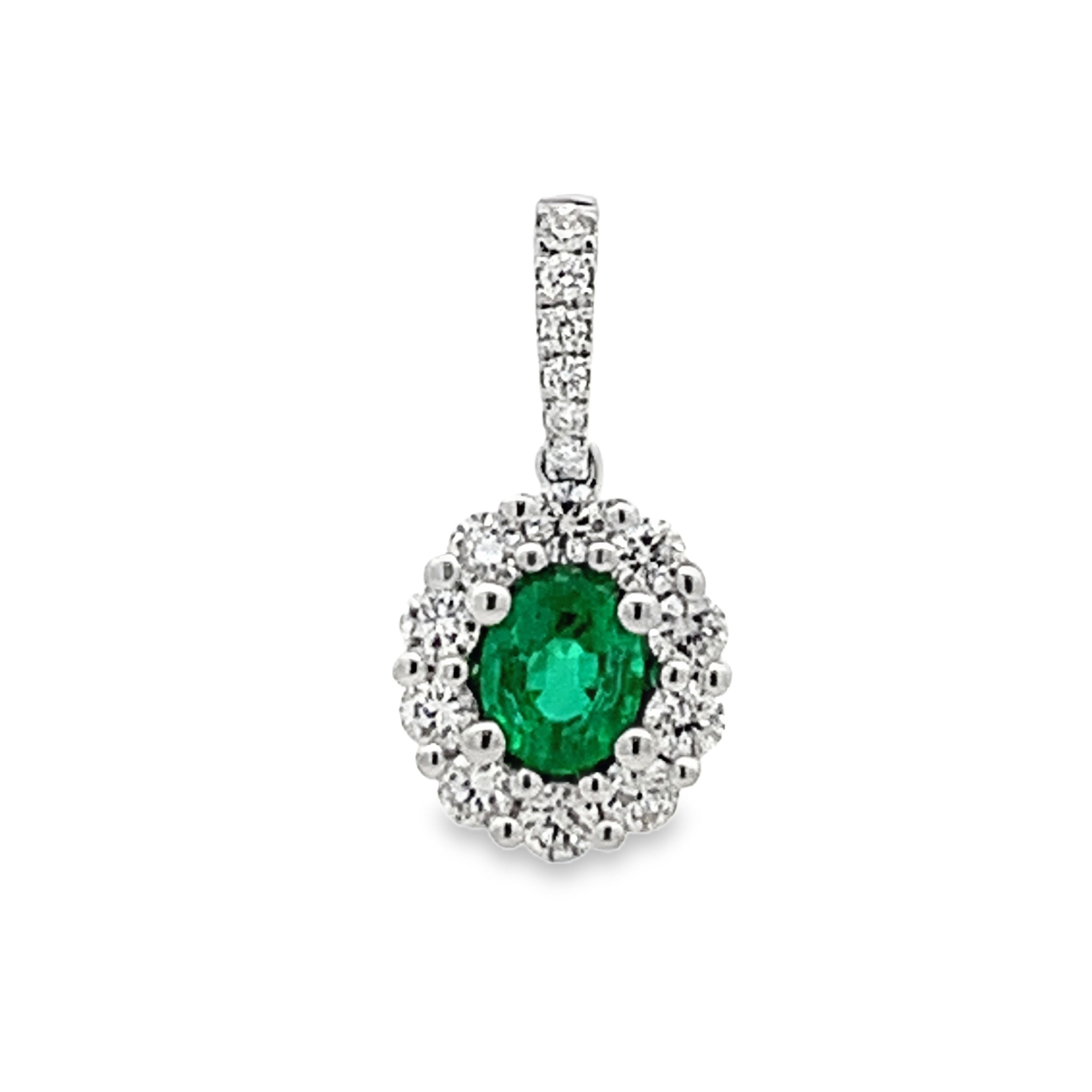 18K White Gold Small Oval Emerald and Diamond Halo Pendant