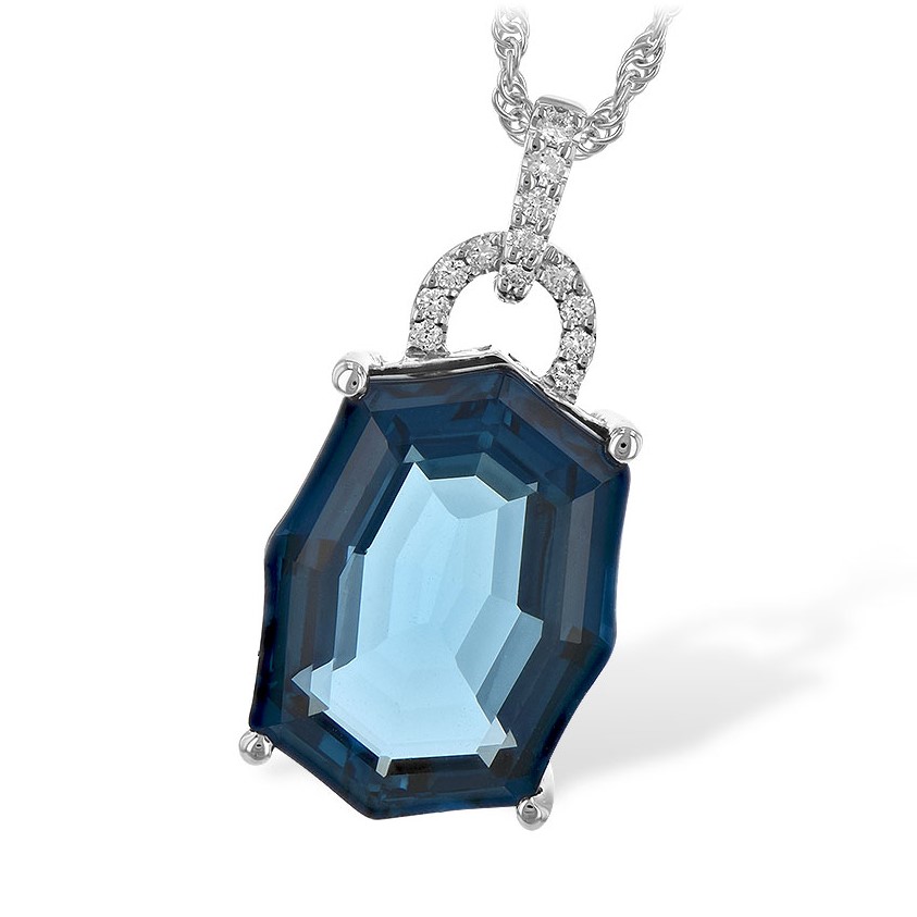 14K White Gold London Blue Topaz 0.28 TCW Diamond Pendant Necklace