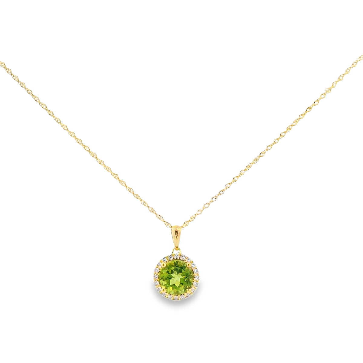 14K Yellow Gold Round Peridot & Diamond Halo Pendant